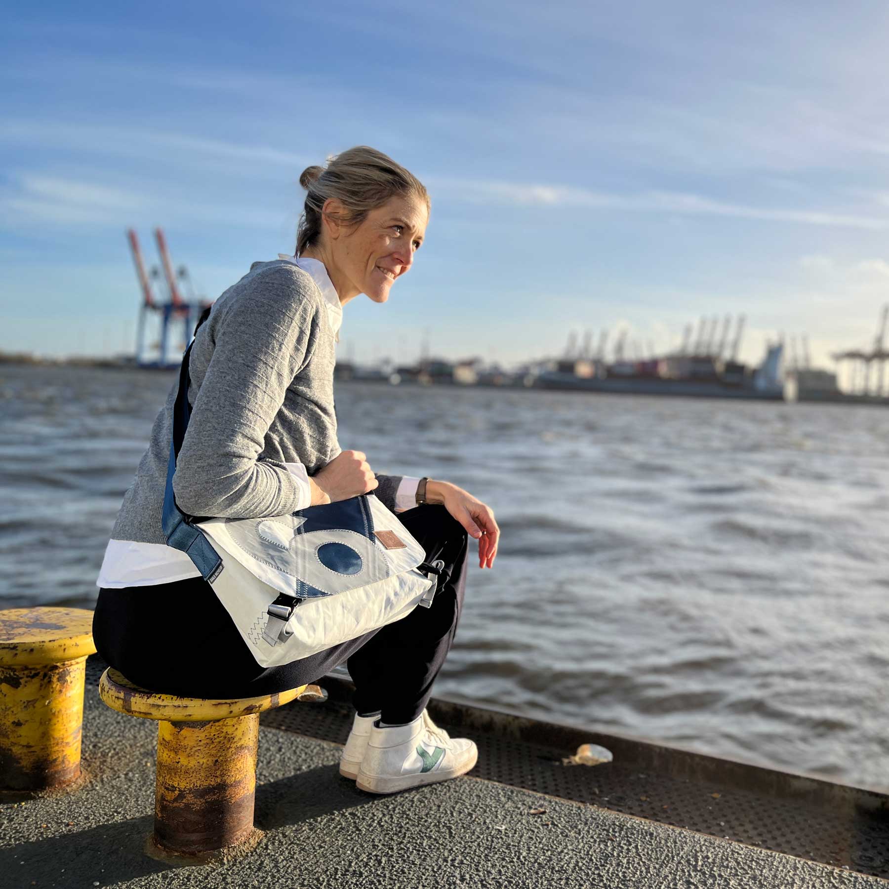 Handtasche Törn Segeltuch weiß-blau Zahl hellgrau