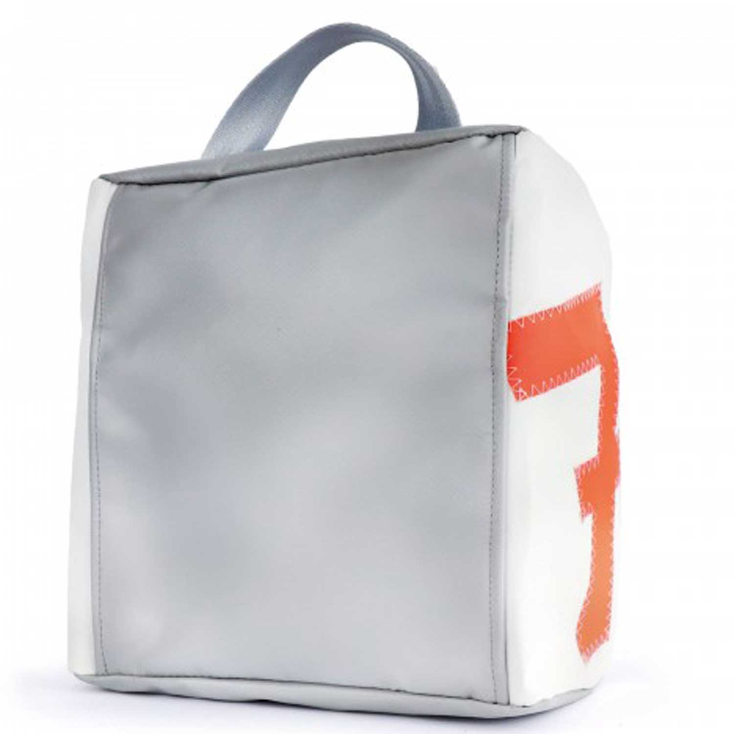 Weißer Kulturbeutel mit grauem Reißverschluss und oranger Zah