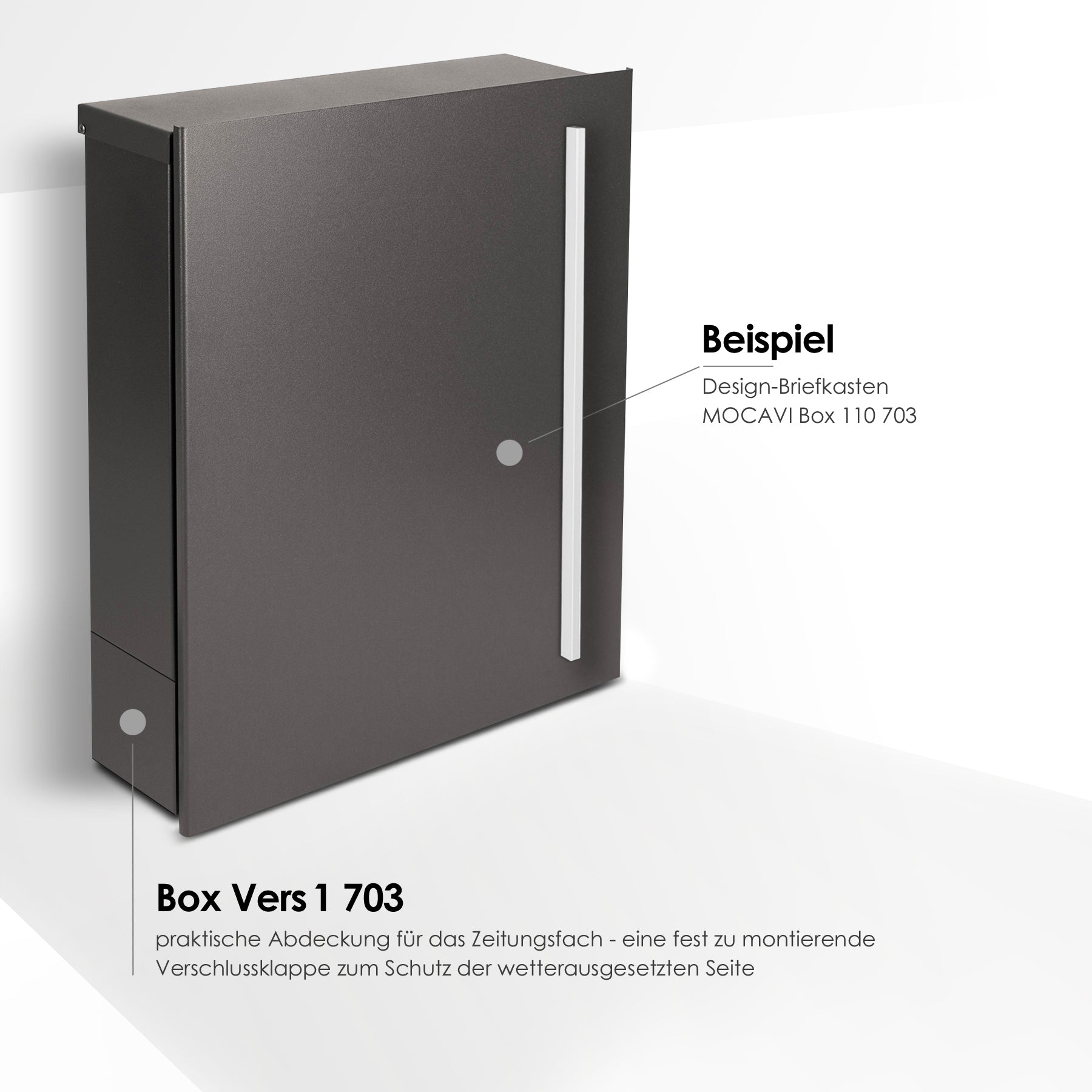 Design Briefkasten mit länglichem Griff in grau glänzend und verschliessbarem Zeitungsfach