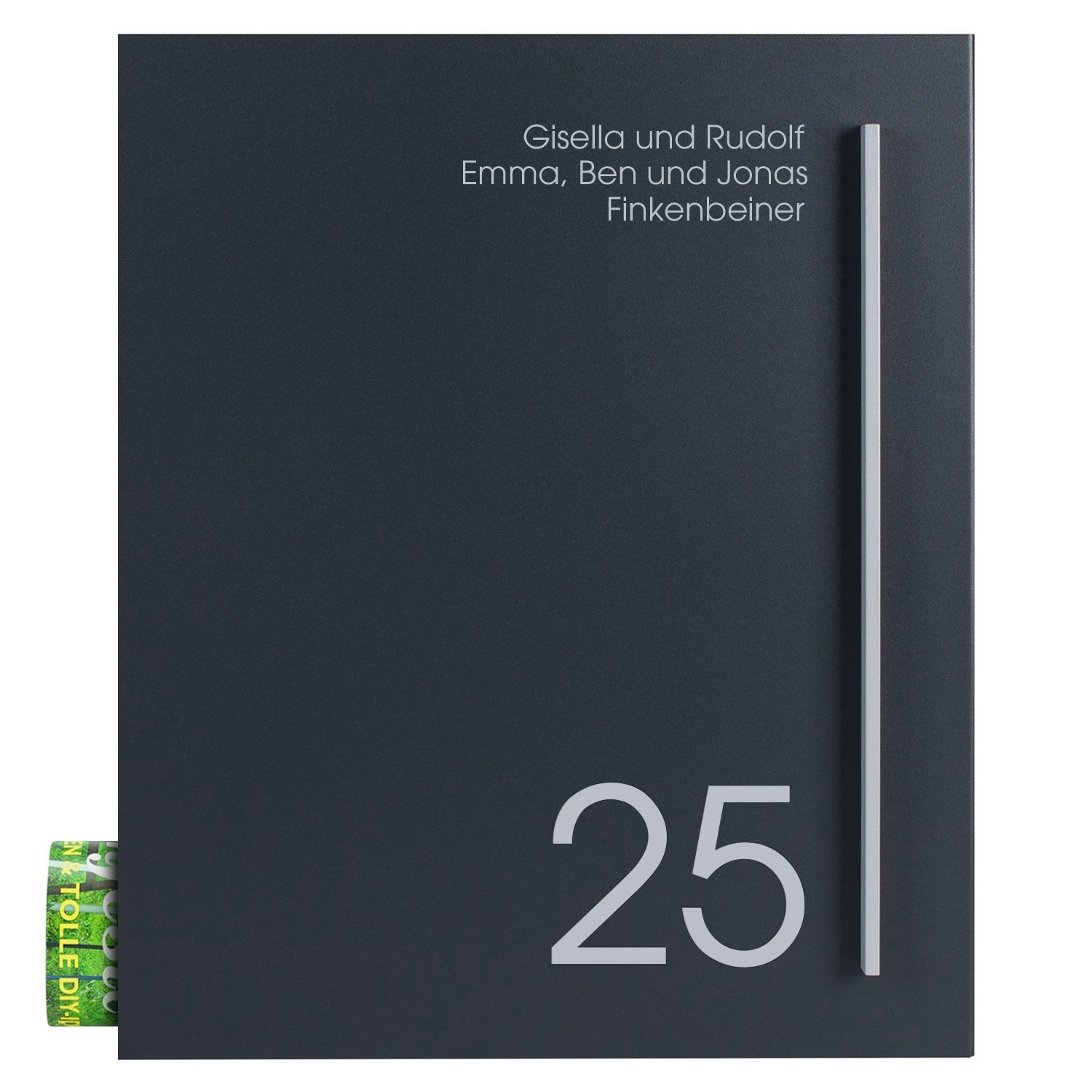 Briefkasten anthrazit mit Zeitungsfach Hausnummer Name Straßenname Griff silber