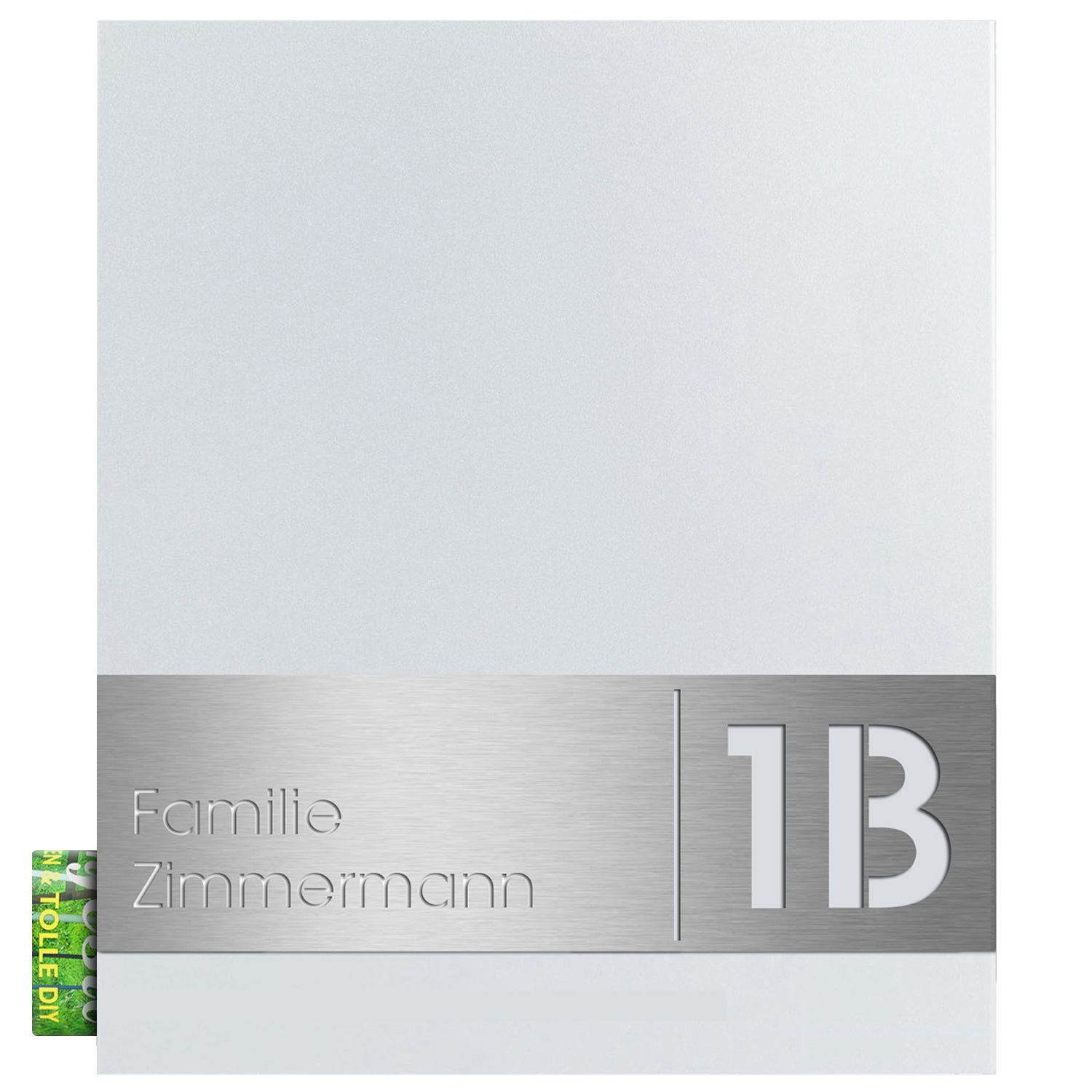 Briefkasten mit Gravur weiß Front Edelstahl-Schild groß Hausnummer Name