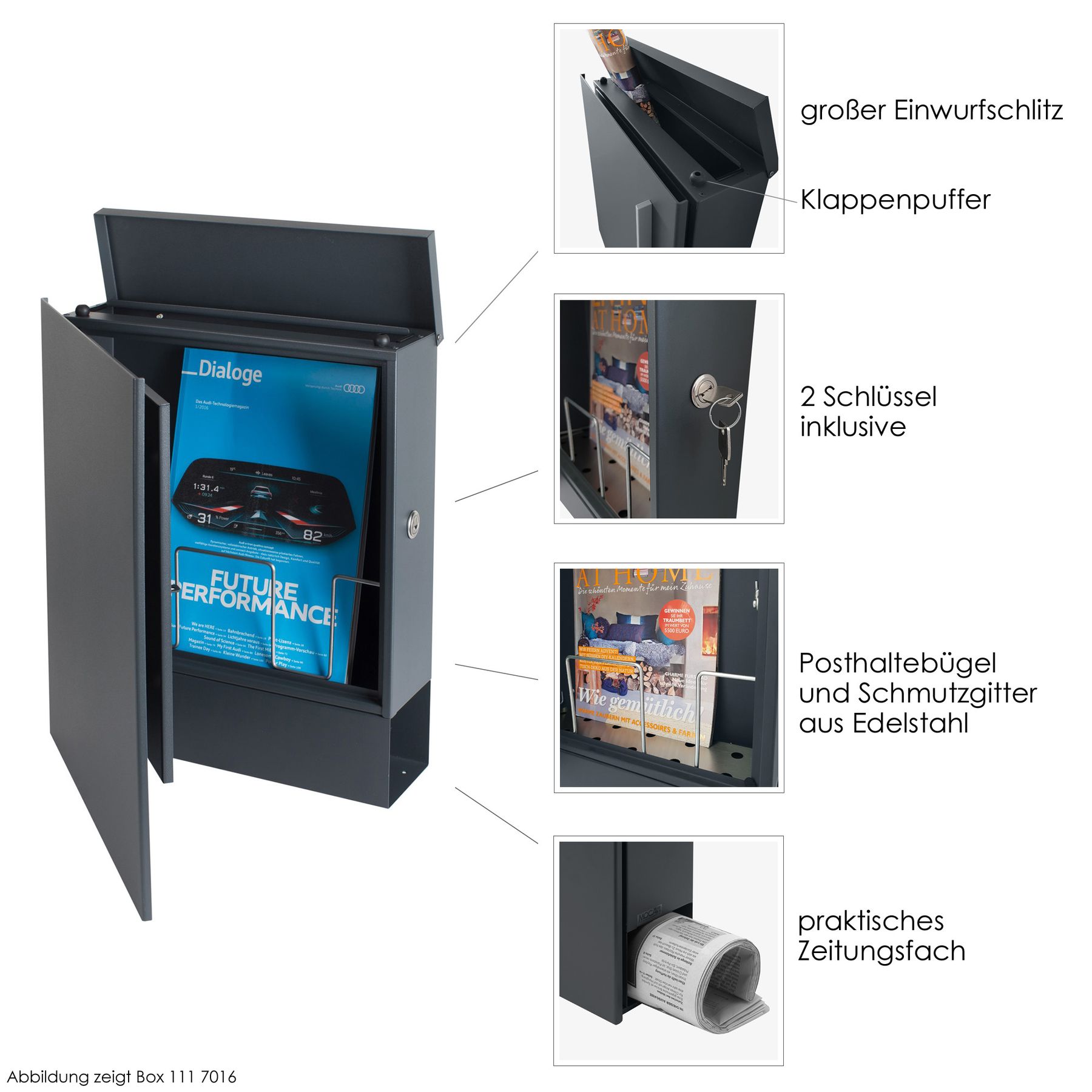 B-Ware Box 111 Design-Briefkasten mit Zeitungsfach basalt-grau (RAL 7012)
