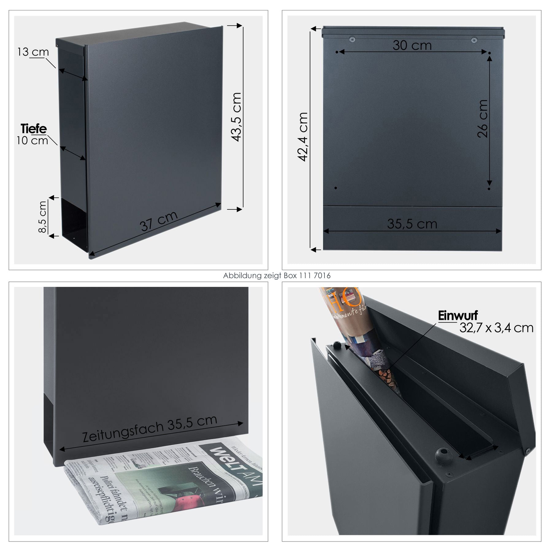 B-Ware Box 111 Design-Briefkasten mit Zeitungsfach basalt-grau (RAL 7012)