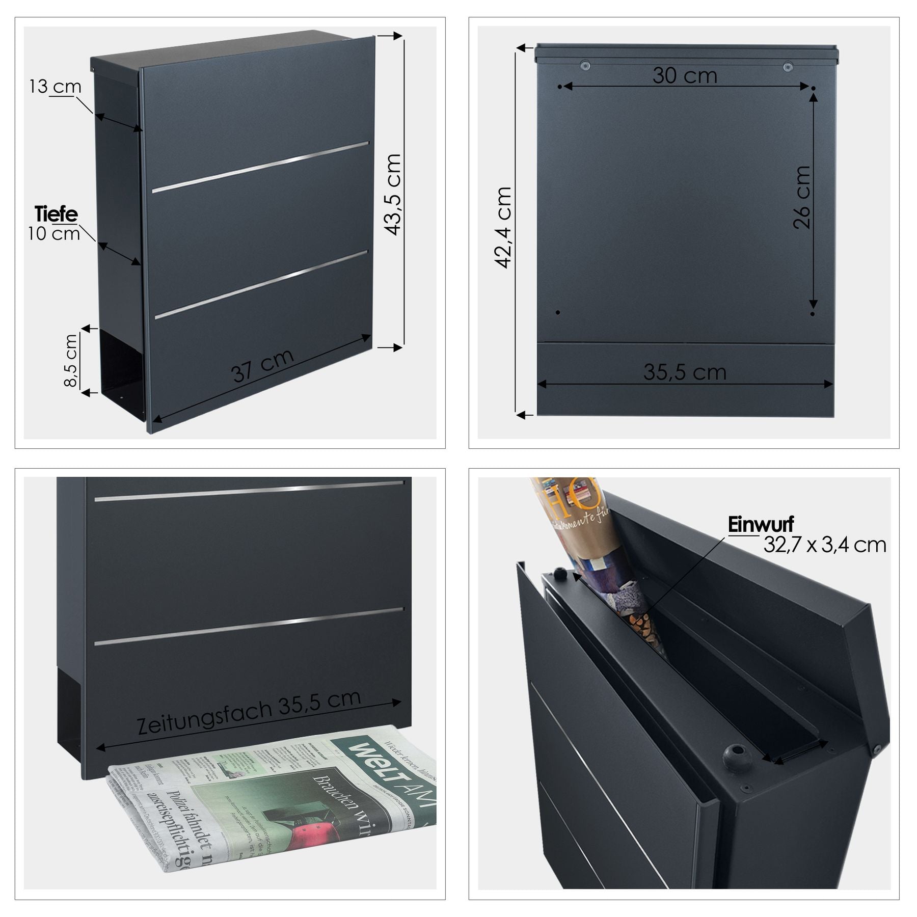 B-Ware Box 141 Design-Briefkasten mit Zeitungsfach anthrazit-grau (RAL 7016) mit Edelstahl-Detail