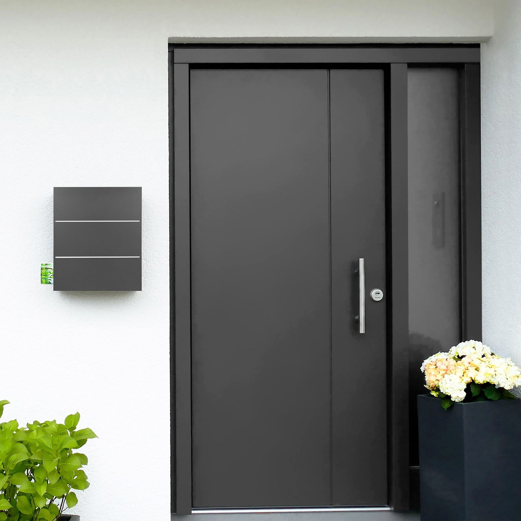 B-Ware Box 141 Design-Briefkasten mit Zeitungsfach grau-eisenglimmer (DB 703) mit Edelstahl-Detail