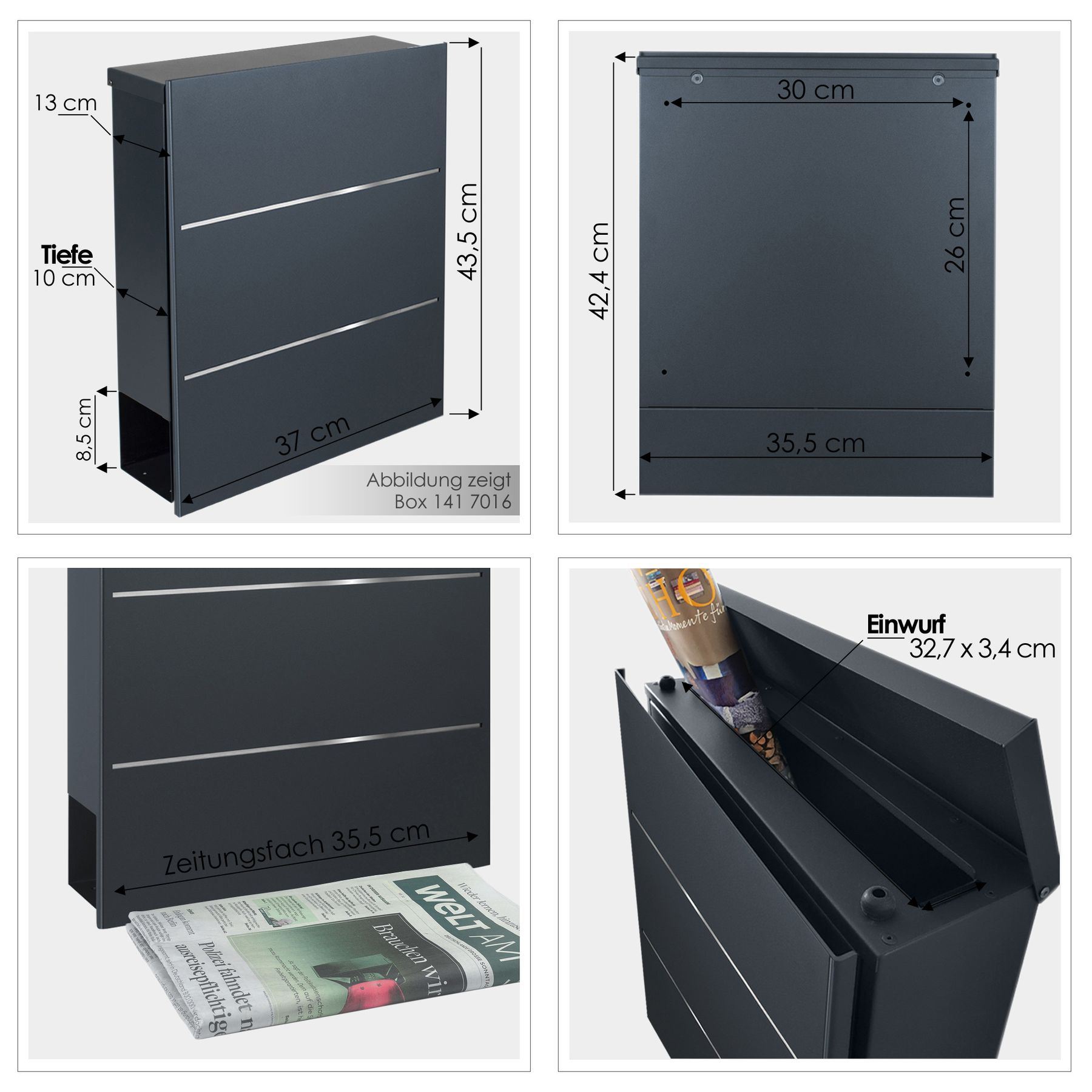 B-Ware Box 141 Design-Briefkasten mit Zeitungsfach signal-weiß (RAL 9003) mit Edelstahl-Detail