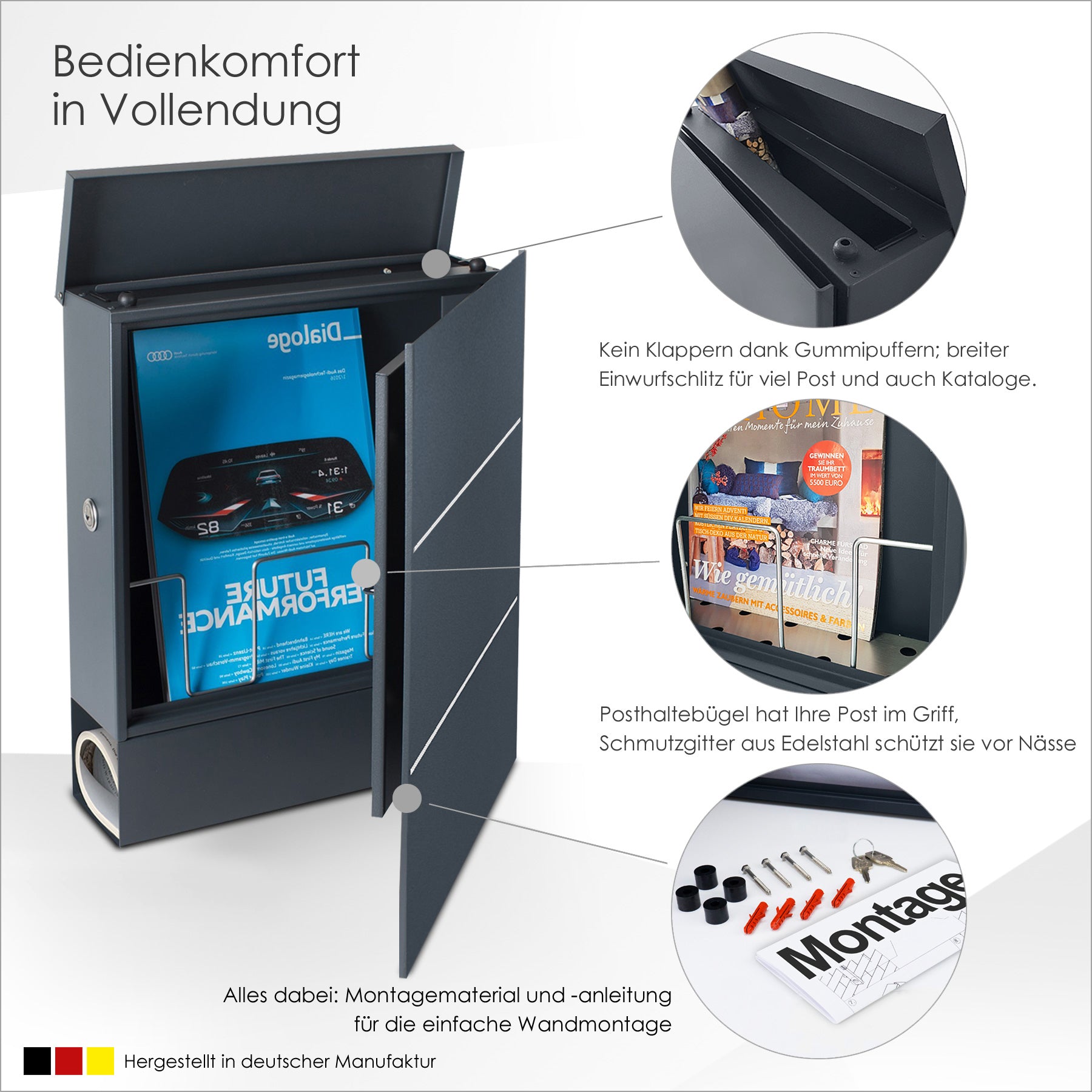 B-Ware Box 141R Design-Briefkasten mit Zeitungsfach anthrazit-grau (RAL 7016) mit Edelstahl-Detail