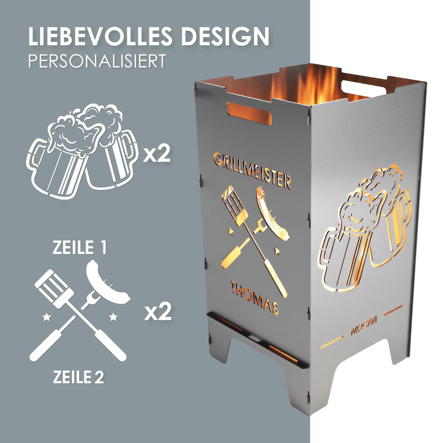 Edelstahl Feuertonne Grillen 73 cm | 3 mm V2A personalisiert