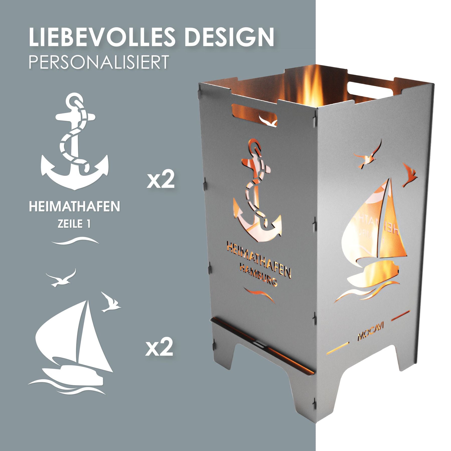 Edelstahl Feuertonne Heimathafen 73 cm | 3 mm V2A personalisiert