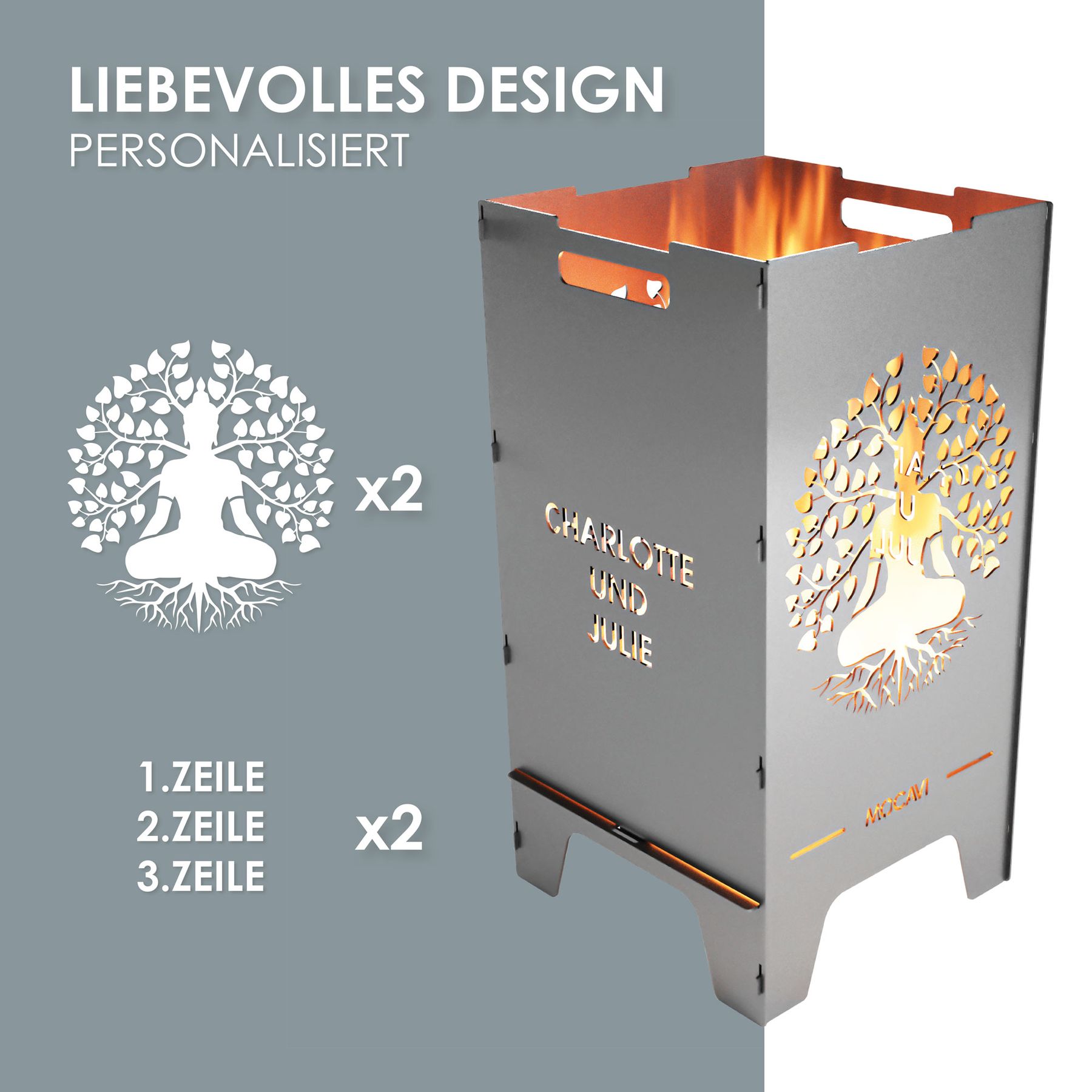 Edelstahl Feuertonne Lebensbaum 73 cm | 3 mm V2A personalisiert
