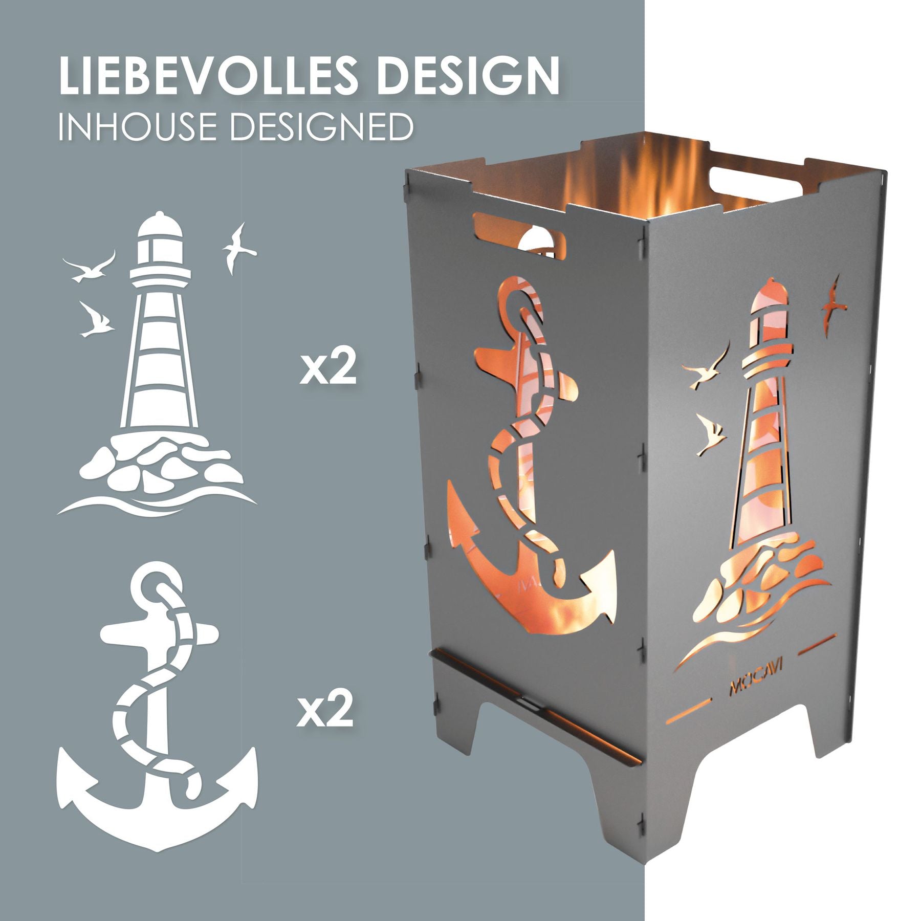 Feuerkorb MOCAVI Fire - liebevolles Design - Motiv Maritim - Leuchtturm mit Möwen und Anker