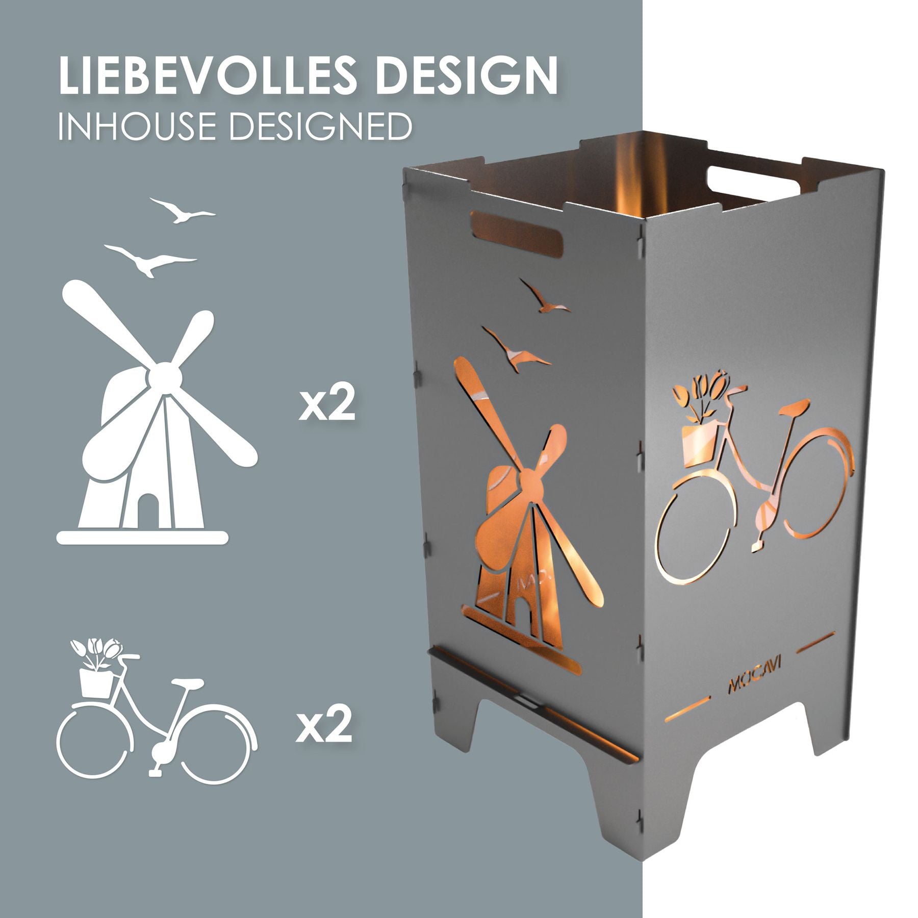 Feuerkorb MOCAVI Fire - liebevolles Design - Motiv Vakantje - Mühle und Fahrrad mit Tulpen