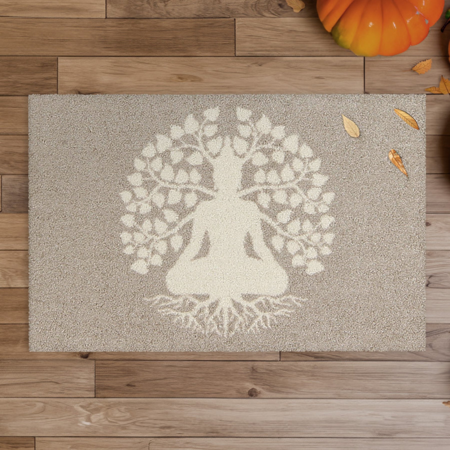 Fußmatte Yoga Lebensbaum waschbar beige weiß
