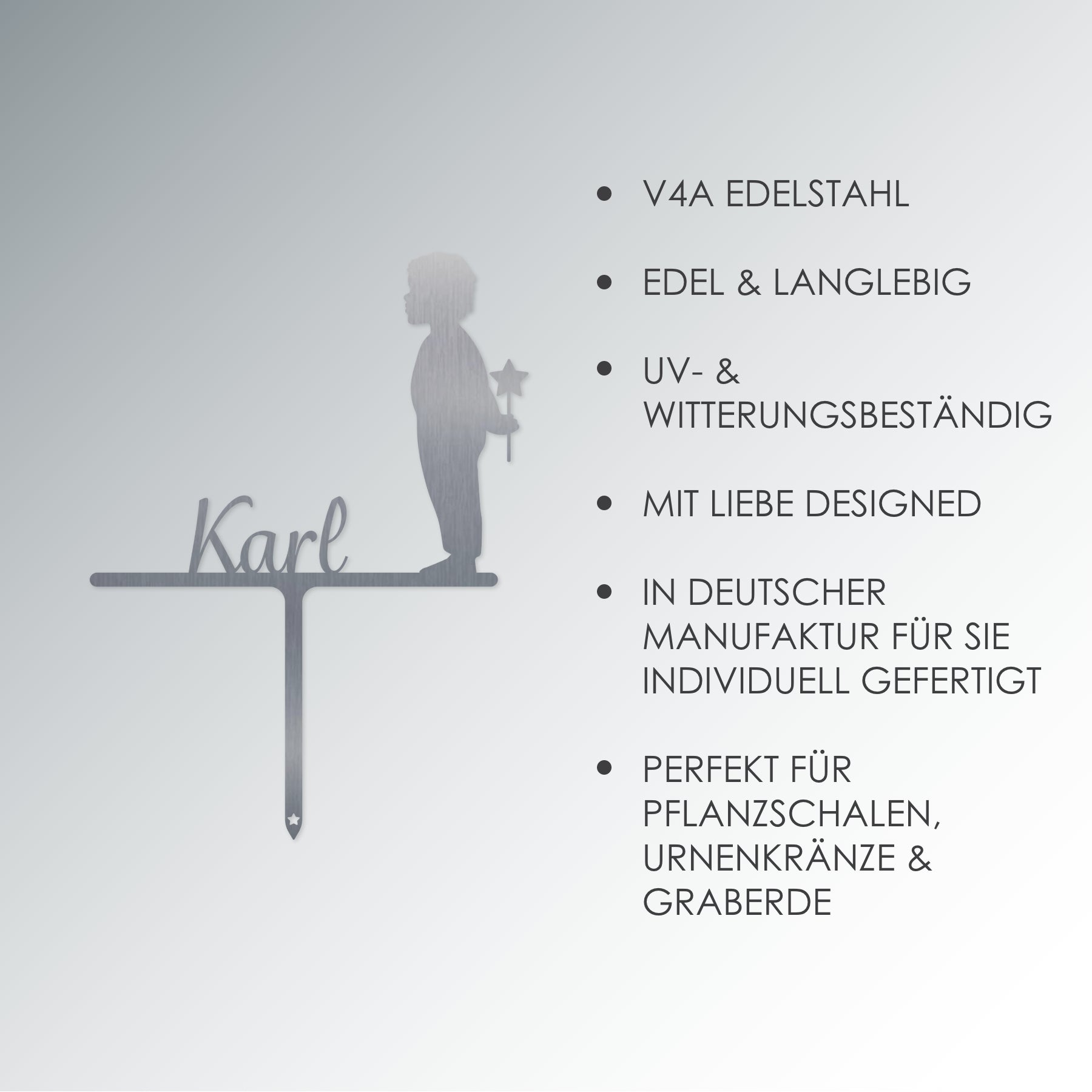 Grabstecker Junge mit Stern Karl personalisiert Edelstahl