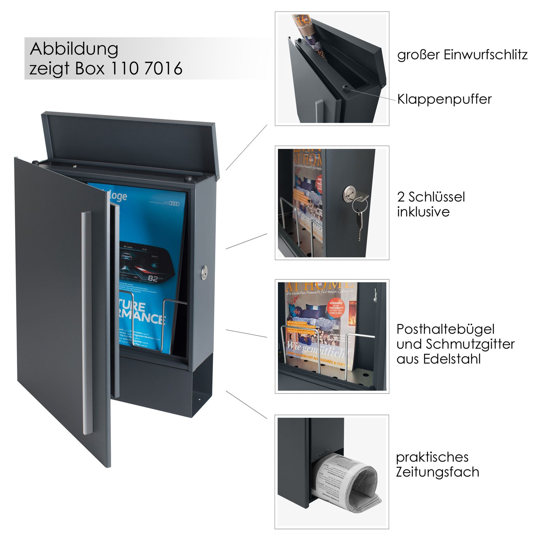 SBox 110Na Standbriefkasten mit Zeitungsfach inkl. Name und Hausnummer anthrazit (RAL 7016) mit Pfosten (einbetonieren)