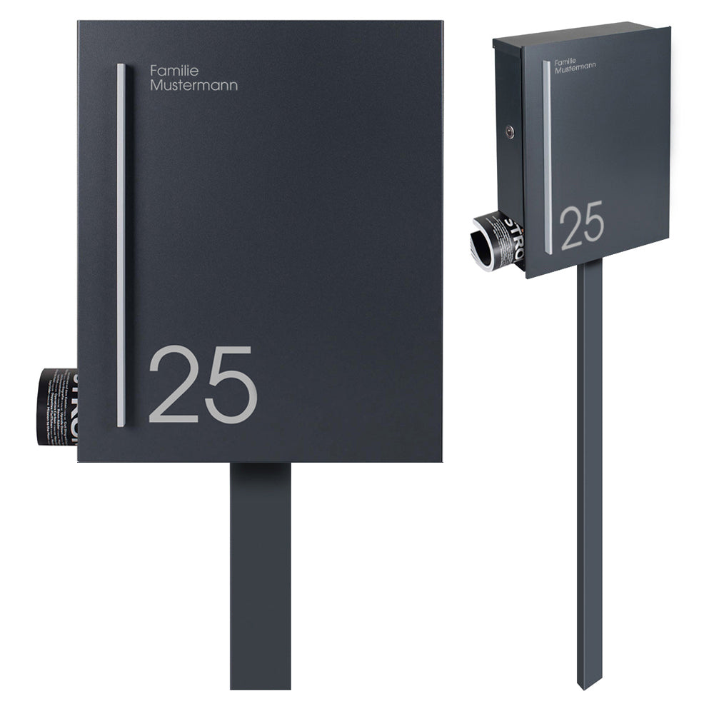 SBox 110RNa Standbriefkasten mit Zeitungsfach inkl. Name und Hausnummer anthrazit (RAL 7016) mit Pfosten (einbetonieren) Rechtsanschlag