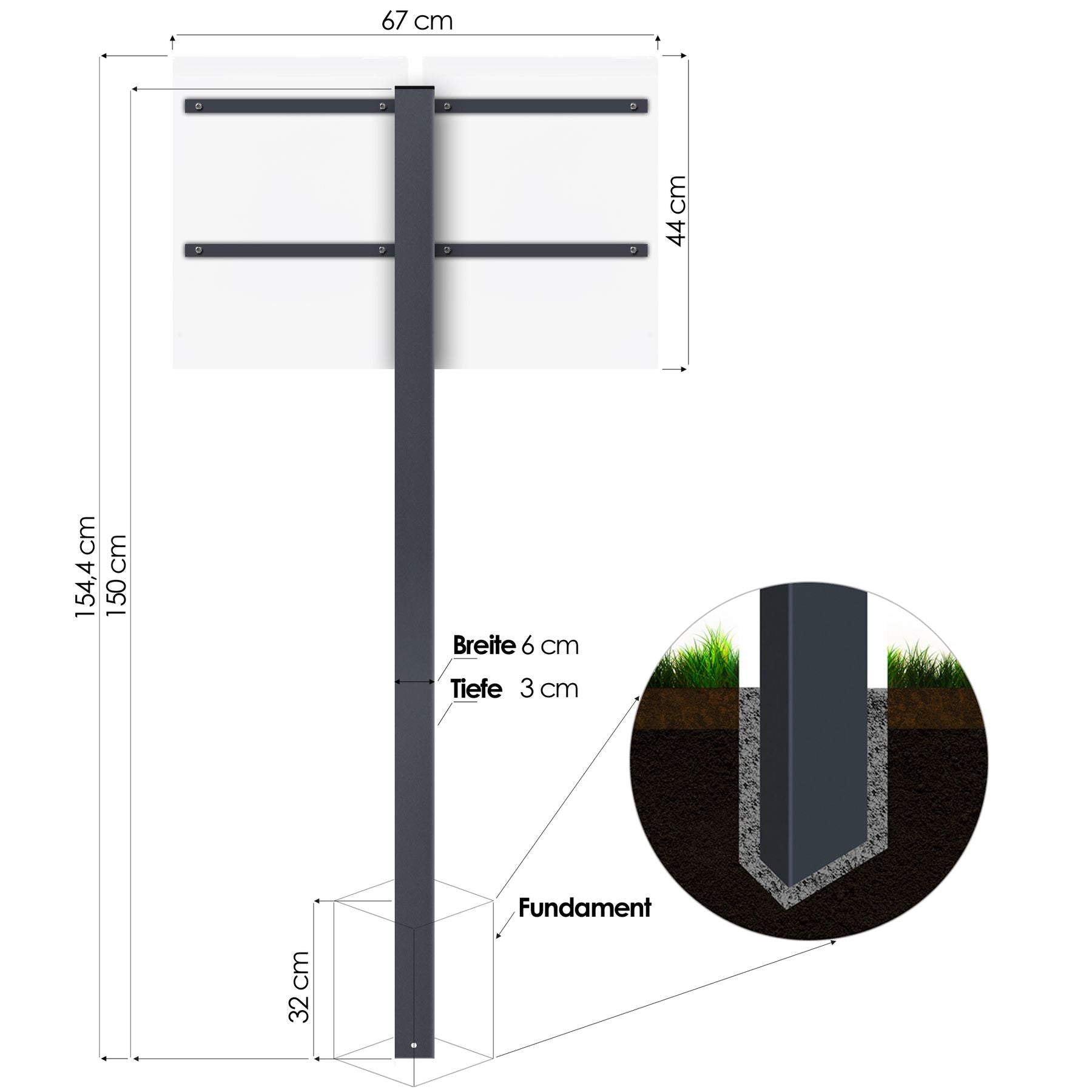 Stand 520 Briefkasten-Ständer für 2 Briefkästen anthrazit (RAL 7016) Standfuß zum Einbetonieren matt