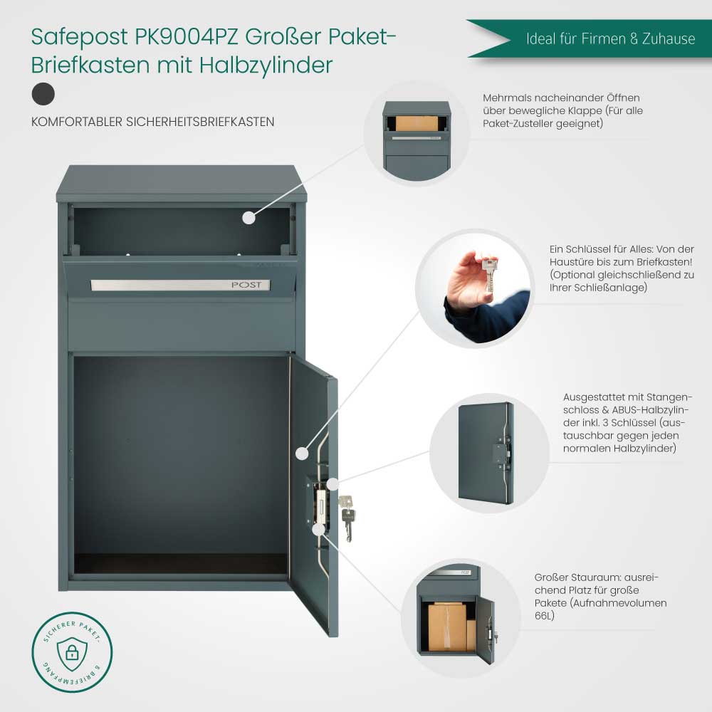 Paketbriefkasten anthrazit groß mit Profilzylinder