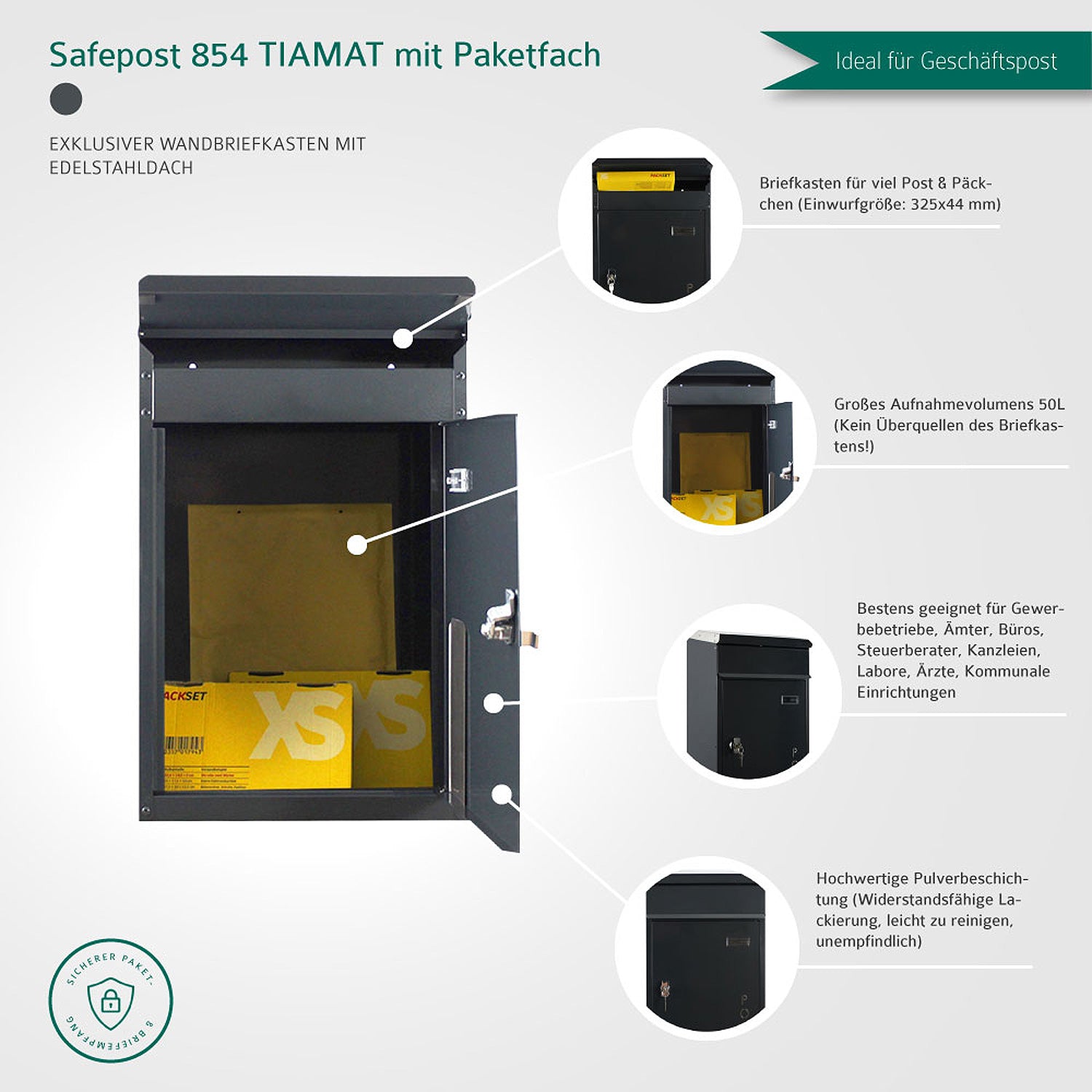 Briefkasten Tiamat 854 anthrazit mit 4 Schlüsseln