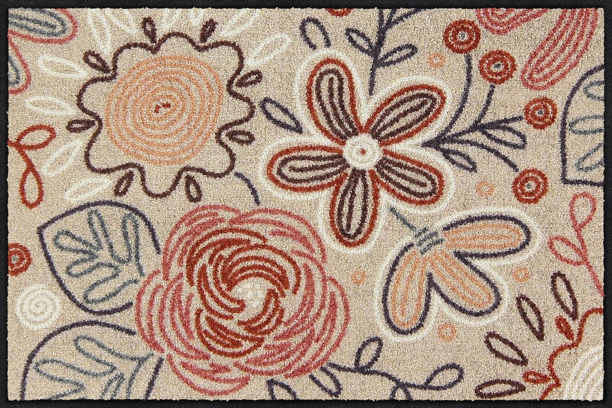 Salonloewe Fußmatte mit gezeichneten Blumen und Blättern auf beigem Hintergrund