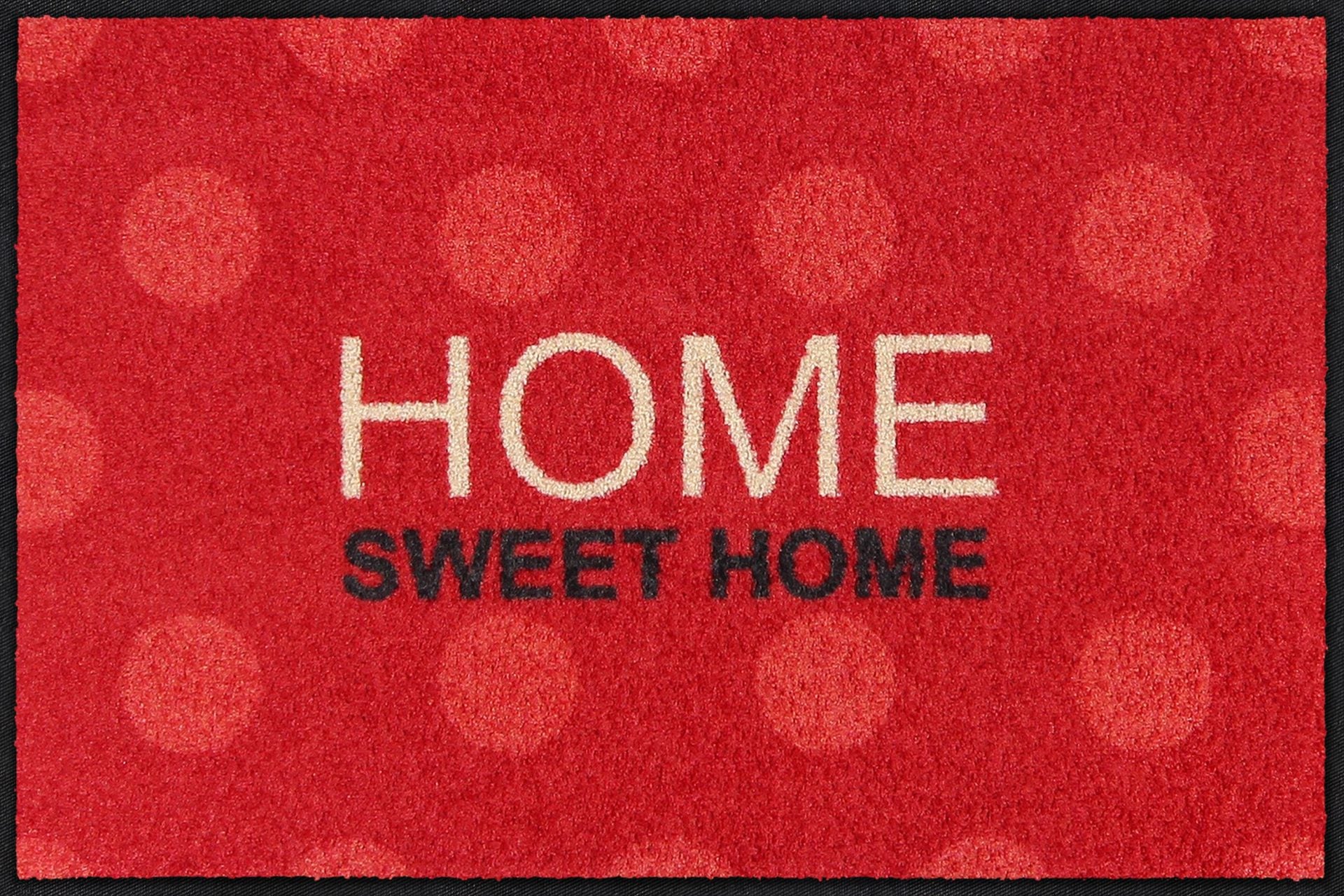 Salonloewe Fußmatte mit Schriftzug „Home Sweet Home“ und Punkten auf rotem Hintergrund