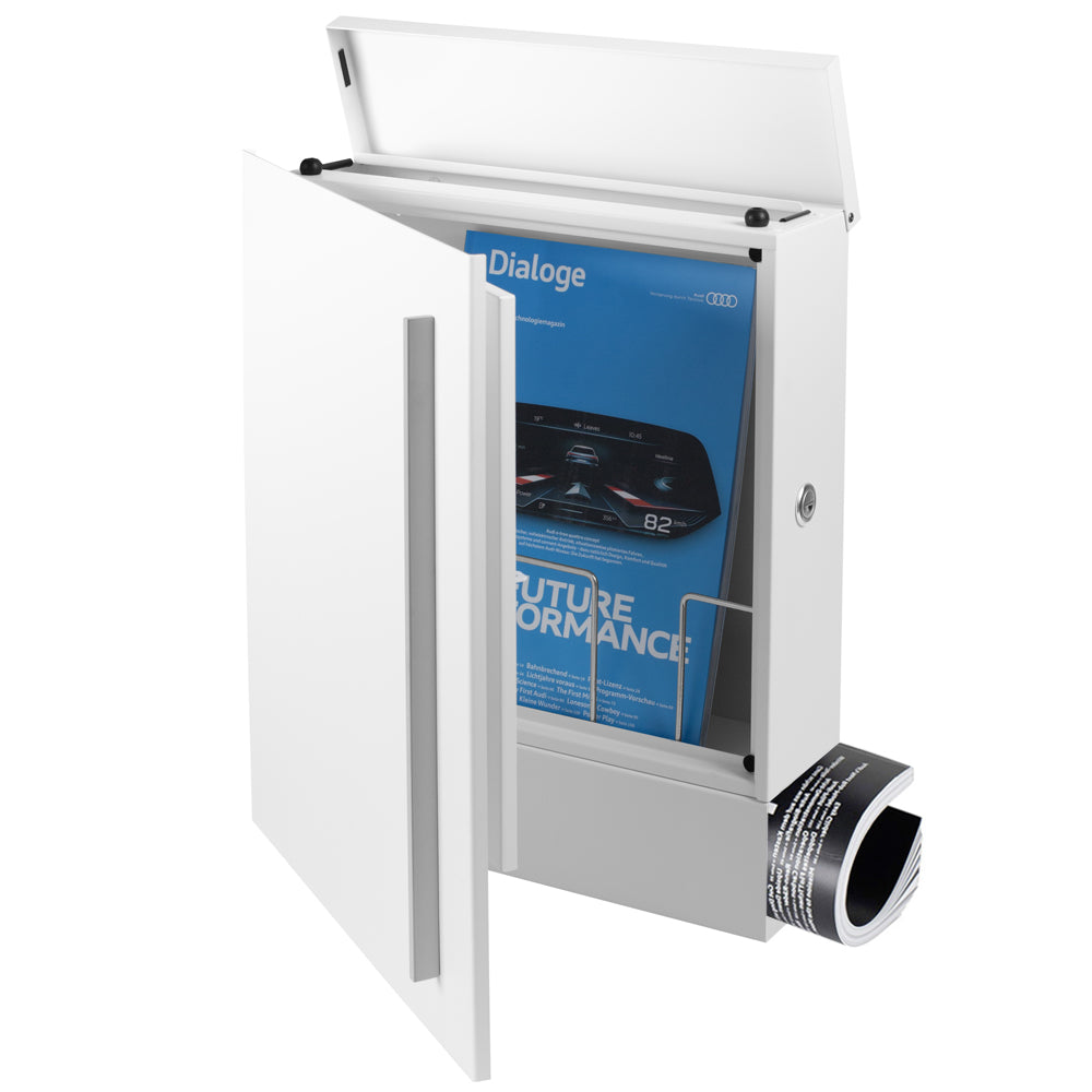 SBox 110b Standbriefkasten mit Zeitungsfach weiß (RAL 9003) Design-Briefkasten mit Fuß (einbetonieren) freistehend