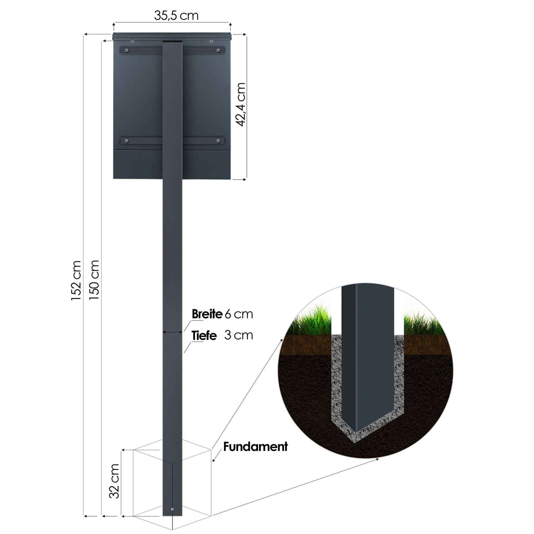 Standbriefkasten mit Zeitungsfach anthrazit-grau (RAL 7016) inkl. Gravur SBox 111rb Briefkasten mit Pfosten (einbetonieren) mit Gravur Schloß links
