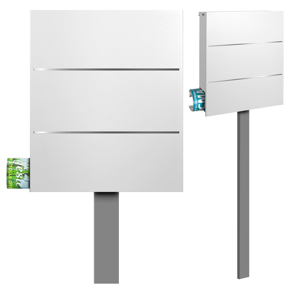 SBox 141b Standbriefkasten mit Zeitungsfach weiß (RAL 9003) mit Pfosten zum Einbetonieren