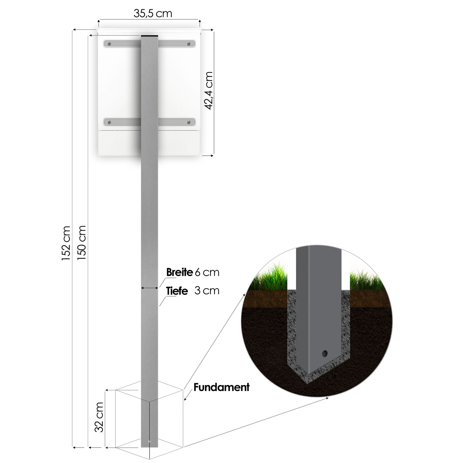 SBox 141b Standbriefkasten mit Zeitungsfach weiß (RAL 9003) mit Pfosten zum Einbetonieren
