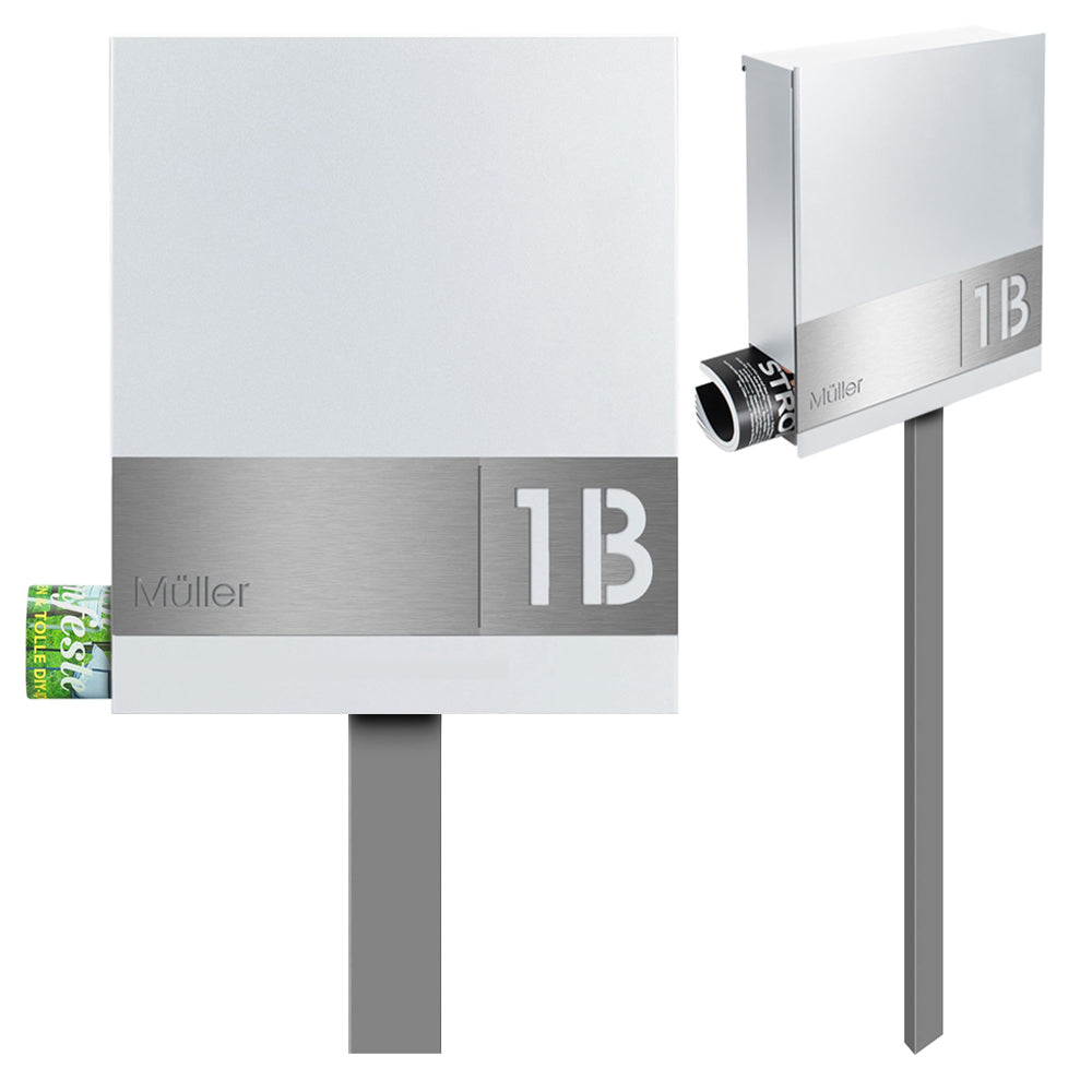 SBox 111b Standbriefkasten mit Zeitungsfach weiß (RAL 9003) inkl. Name + Hausnummer graviert V4A-Edelstahl