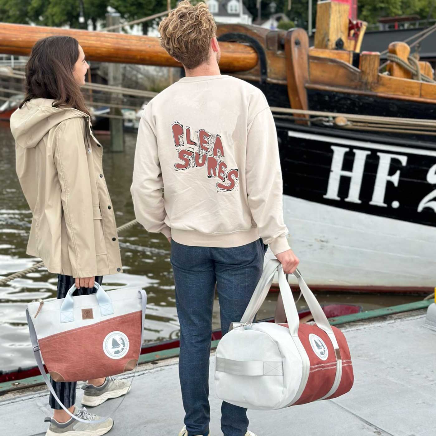 Handtasche Suutje Segeltuch weiß blau Zahl hellgrau