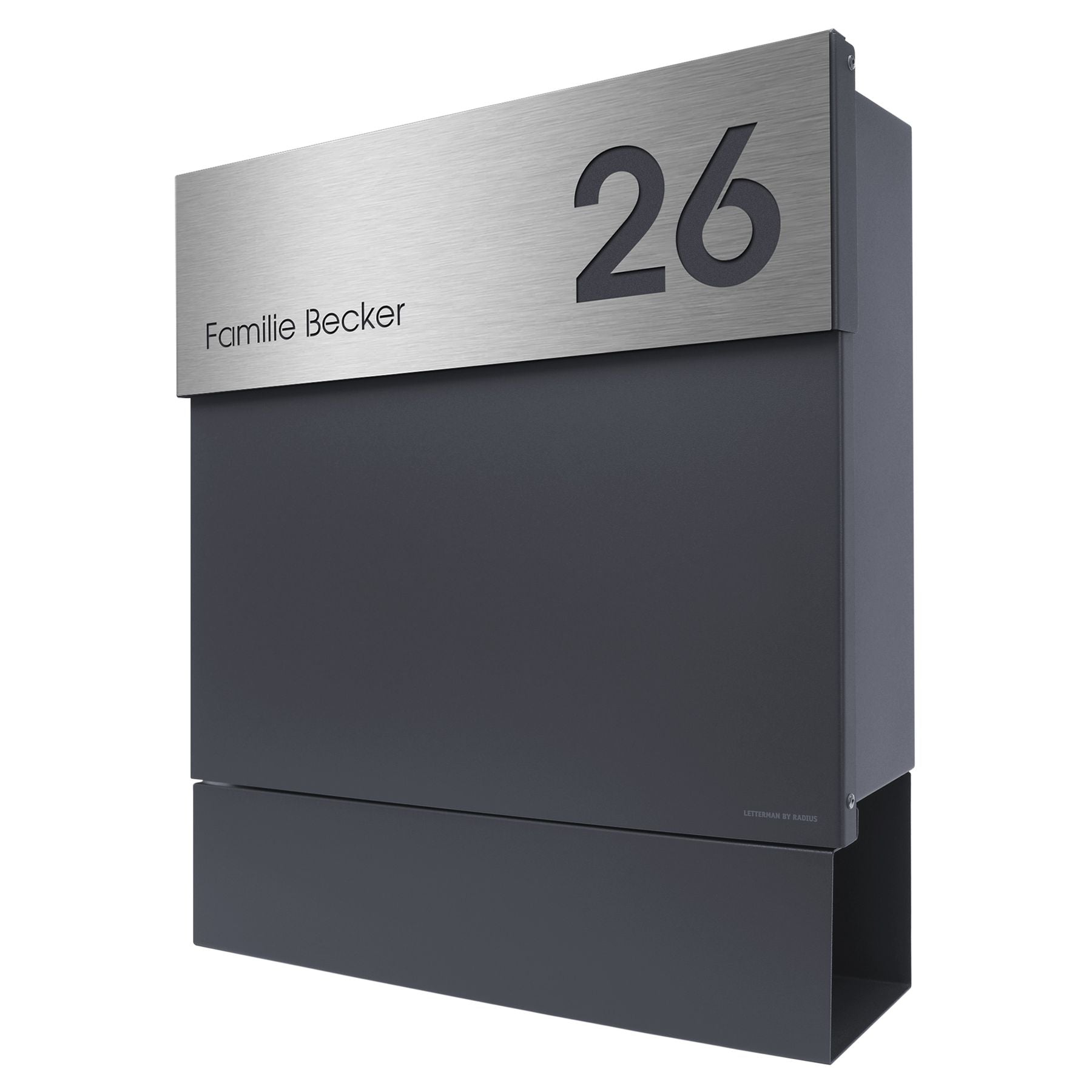 Letterman anthrazit mit Gravur - Briefkasten Ral 7016 mit Hausnummer und Name Edelstahl mit Gravur
