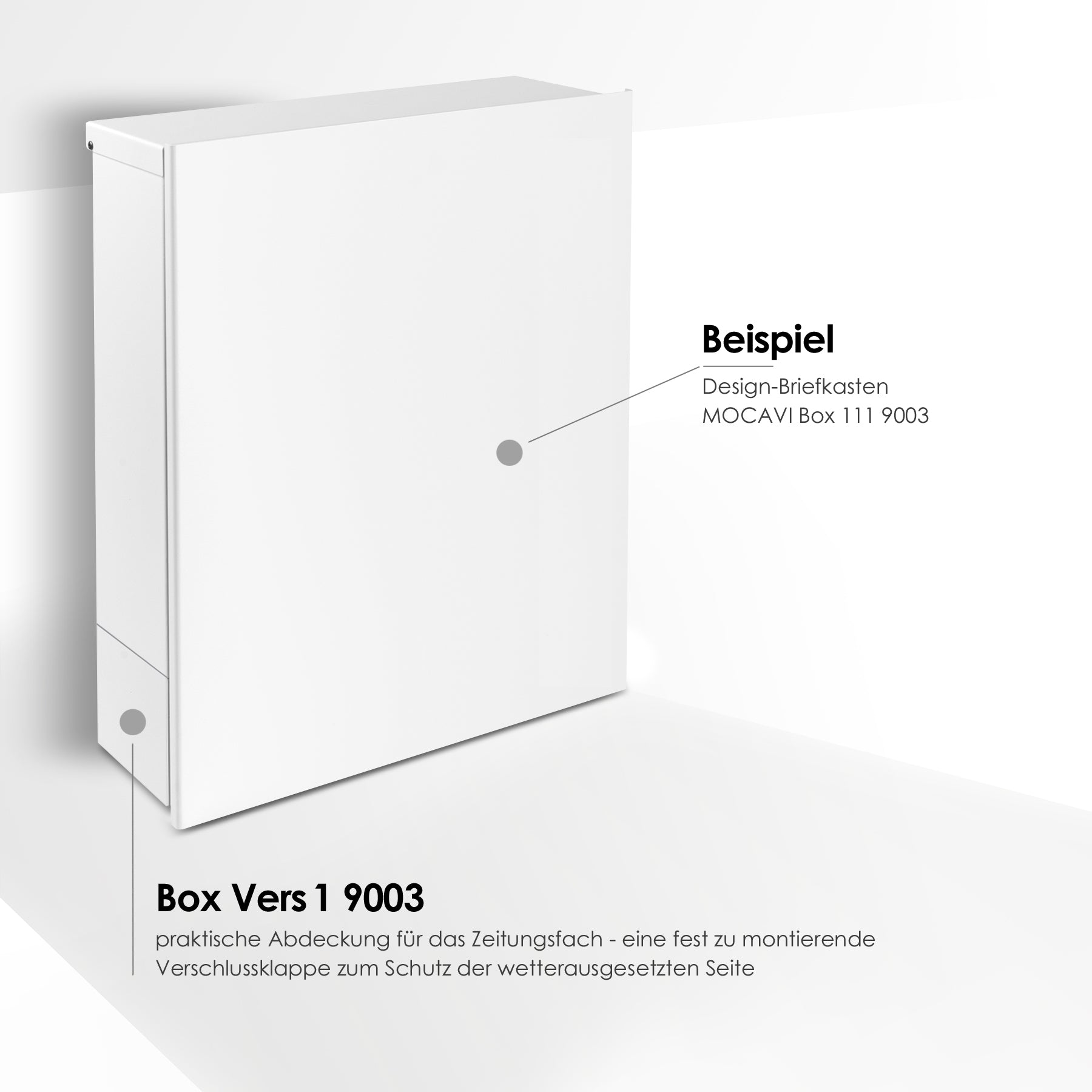 Briefkasten weiß in matter Optik mit seitlichem Verschluss des Zeitungsfaches