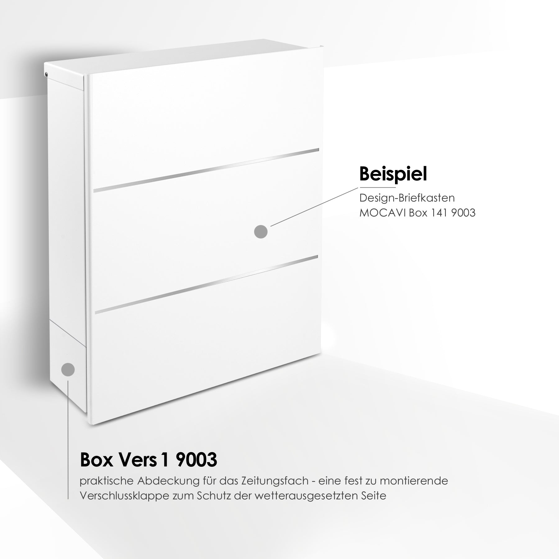 Postkasten weiss mit zwei dünnen Edelstahlstreifen die die sonst glatte Front dritteln