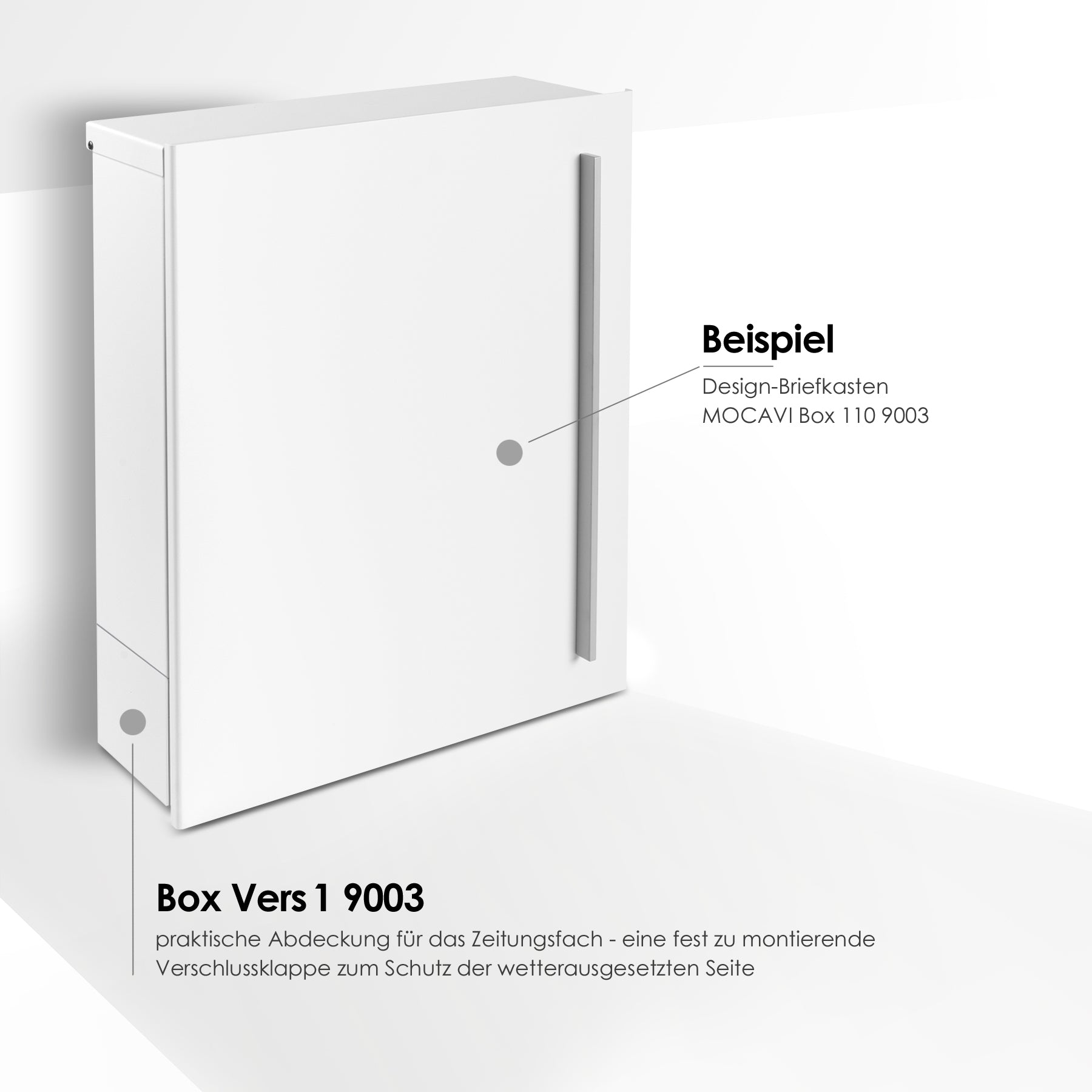 Design Briefkasten mit länglichem Griff in weiss Feinstruktur matt und verschliessbarem Zeitungsfach