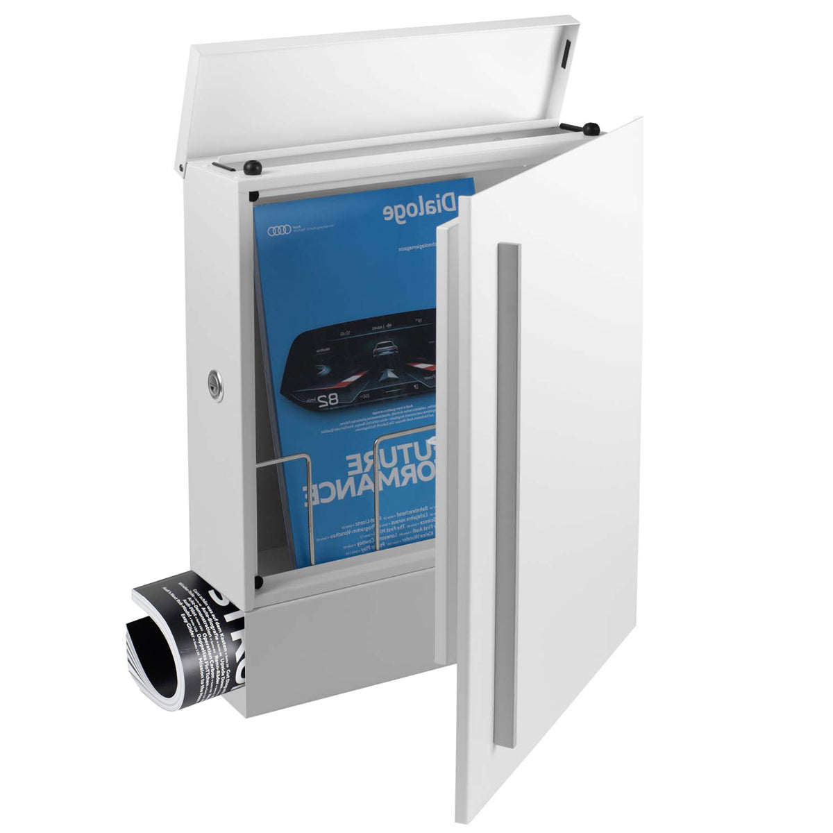 B-Ware Box 110R Design-Briefkasten mit Zeitungsfach weiss (RAL 9003) Wandbriefkasten, Schloss links, groß 12 Liter