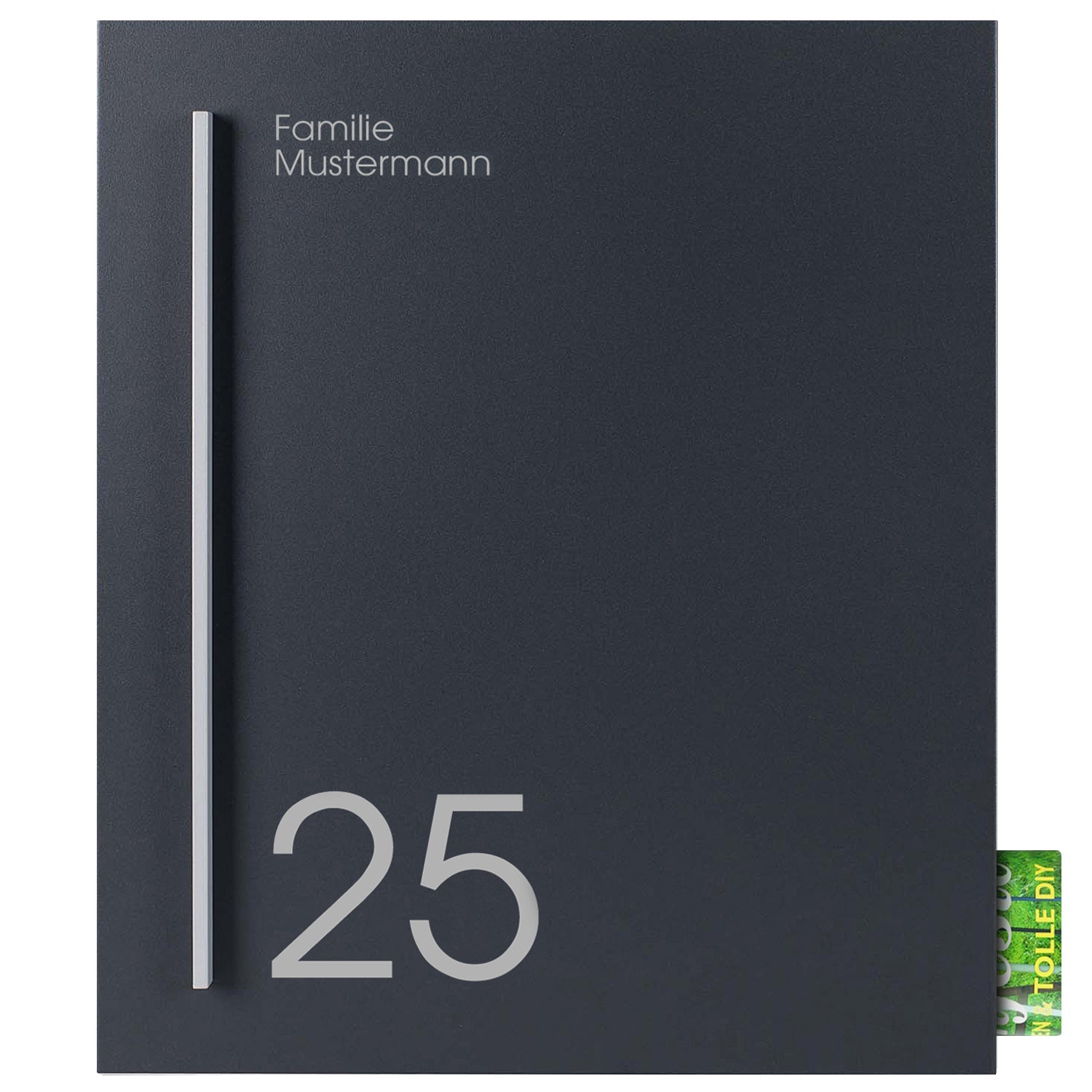 Briefkasten anthrazit mit Zeitungsfach Hausnummer Name Straßenname Griff silber