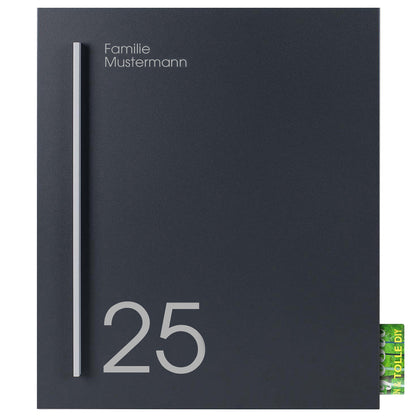 Briefkasten anthrazit mit Zeitungsfach Hausnummer Name Straßenname Griff silber