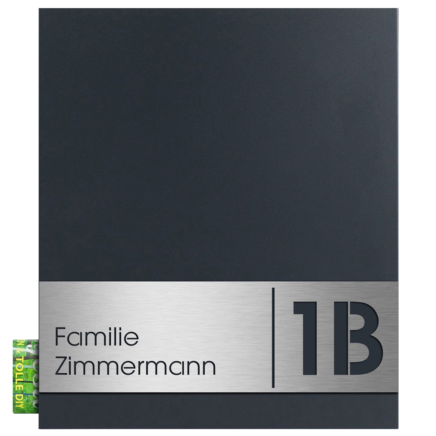 Briefkasten anthrazit Front Edelstahl-Schild groß graviert Hausnummer Name