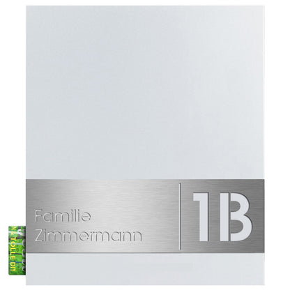 Briefkasten mit Gravur weiß Front Edelstahl-Schild groß Hausnummer Name
