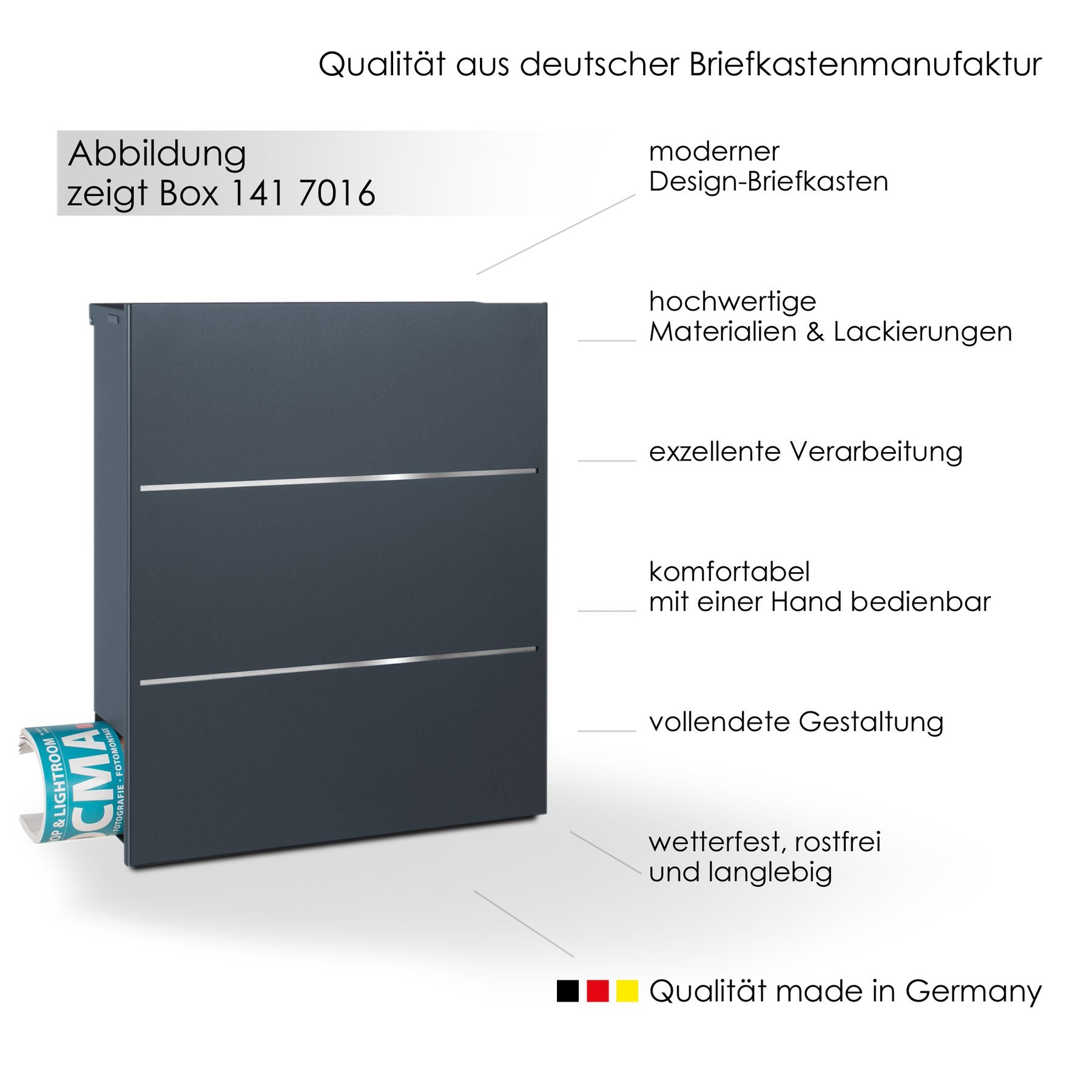 B-Ware Box 141 Design-Briefkasten mit Zeitungsfach anthrazit-grau (RAL 7016) mit Edelstahl-Detail