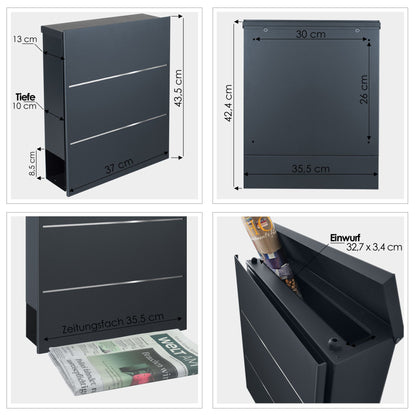 B-Ware Box 141 Design-Briefkasten mit Zeitungsfach anthrazit-grau (RAL 7016) mit Edelstahl-Detail