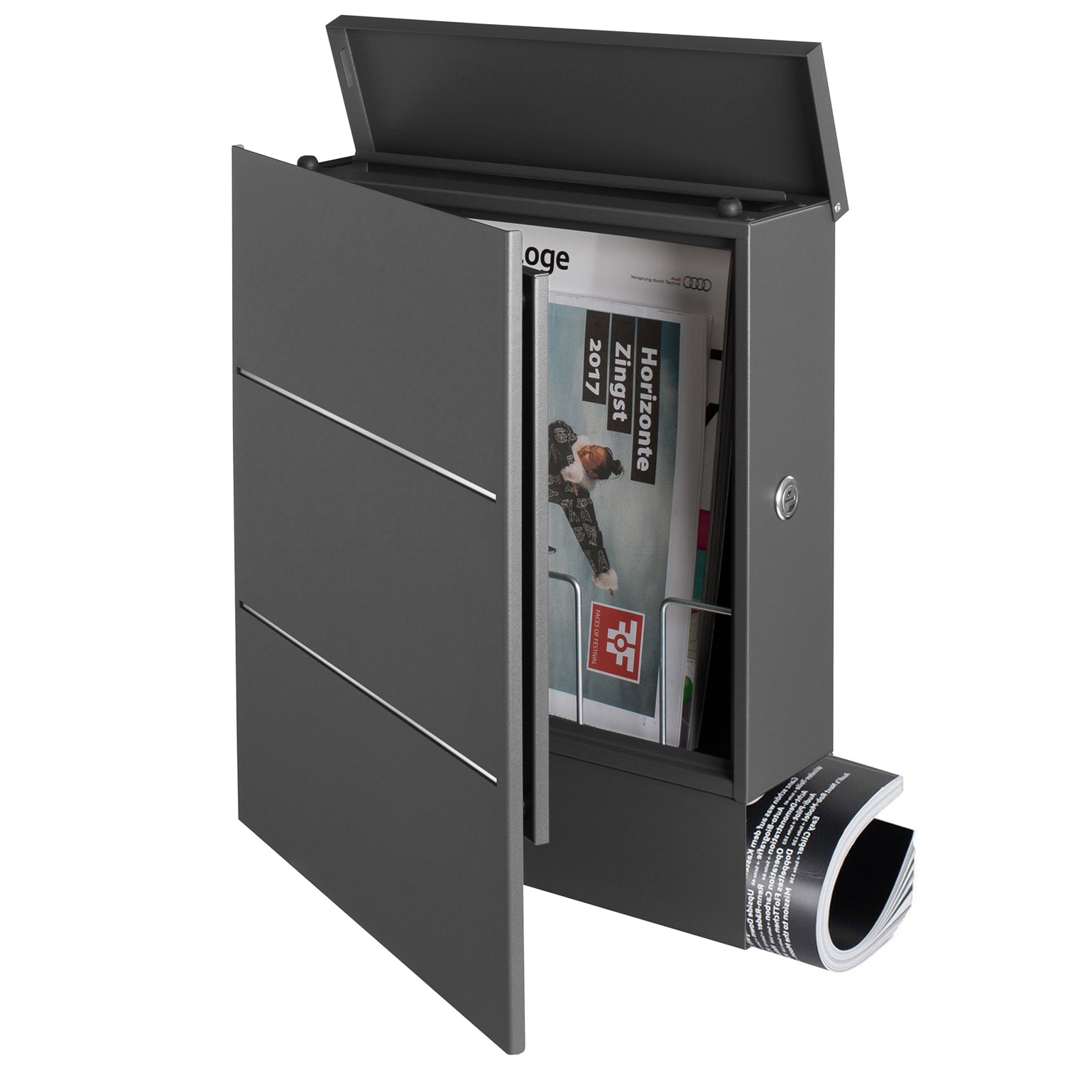 B-Ware Box 141 Design-Briefkasten mit Zeitungsfach grau-eisenglimmer (DB 703) mit Edelstahl-Detail