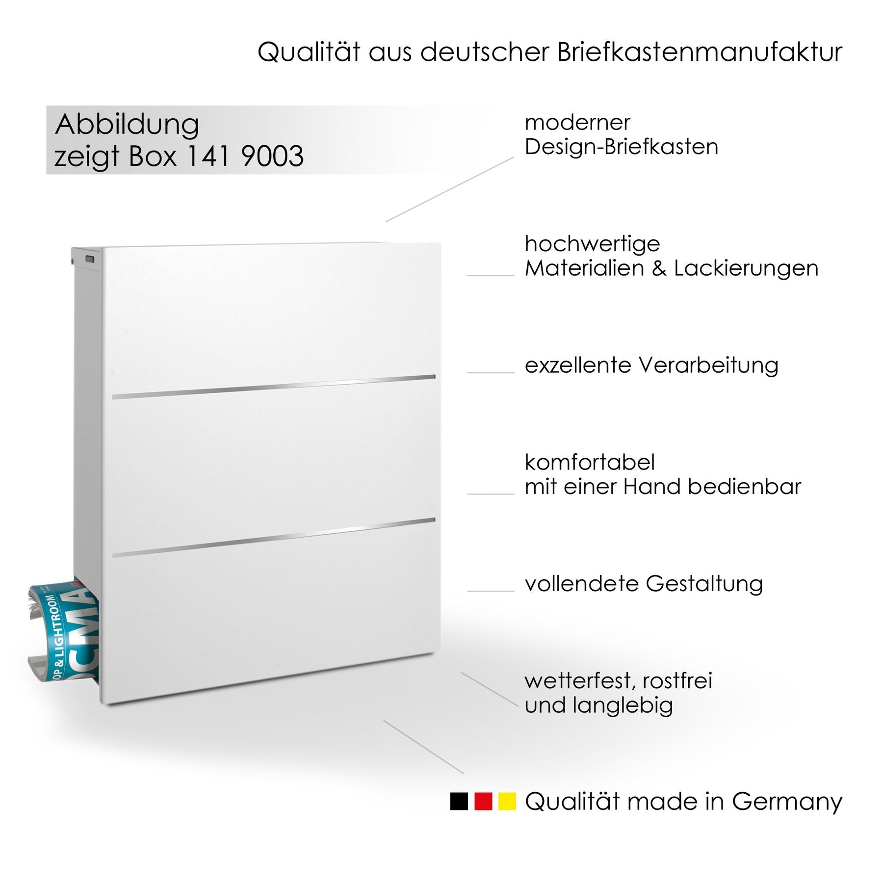B-Ware Box 141 Design-Briefkasten mit Zeitungsfach signal-weiß (RAL 9003) mit Edelstahl-Detail