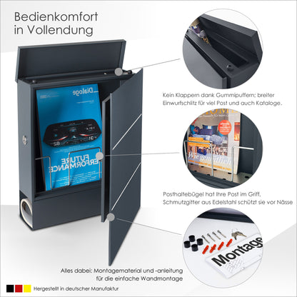 B-Ware Box 141R Design-Briefkasten mit Zeitungsfach anthrazit-grau (RAL 7016) mit Edelstahl-Detail