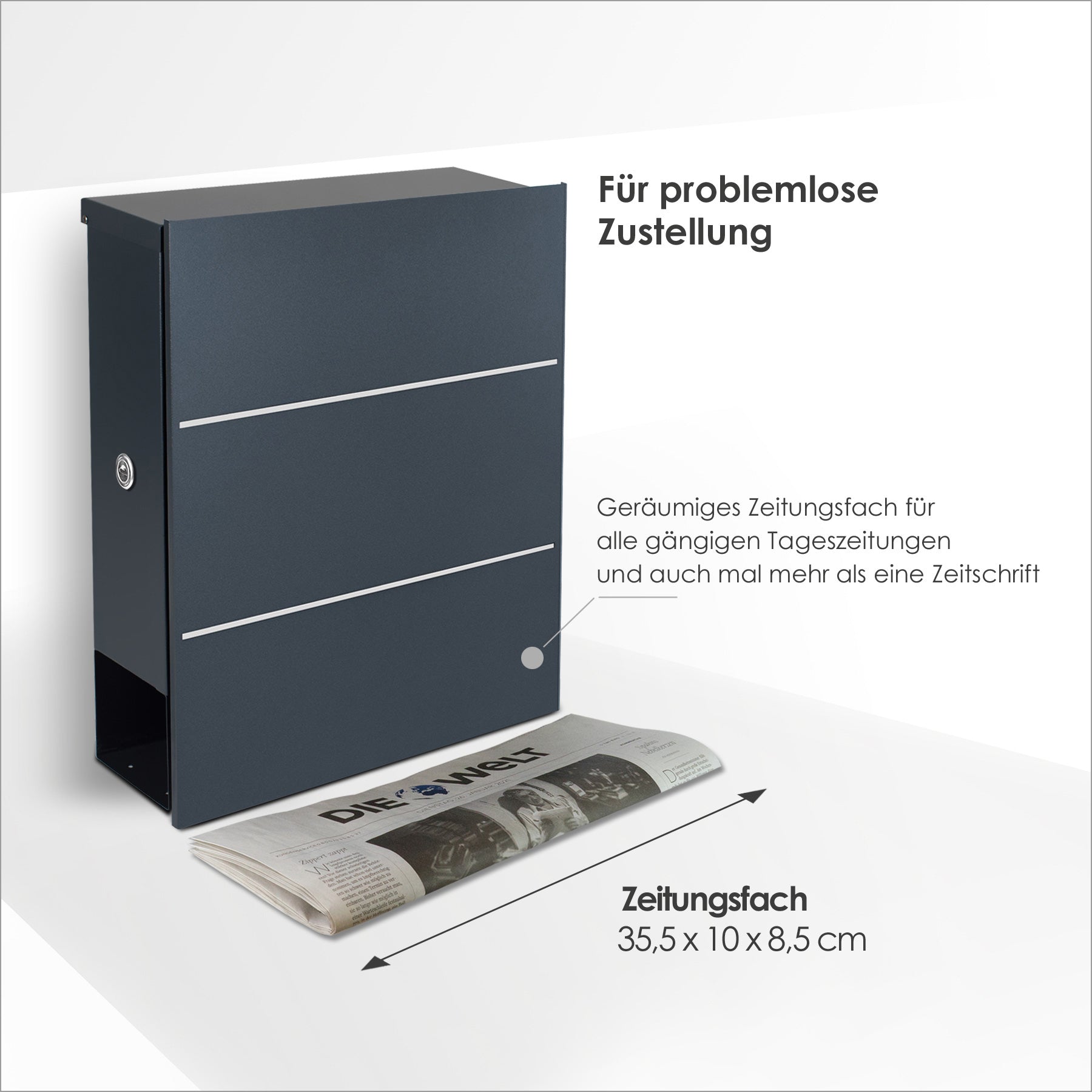 B-Ware Box 141R Design-Briefkasten mit Zeitungsfach anthrazit-grau (RAL 7016) mit Edelstahl-Detail