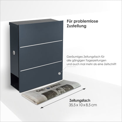 B-Ware Box 141R Design-Briefkasten mit Zeitungsfach anthrazit-grau (RAL 7016) mit Edelstahl-Detail