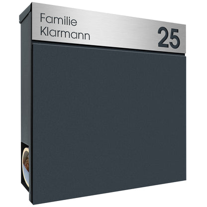 Postbox anthrazit mit Edelstahl Name und Hausnummer personalisiert