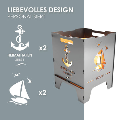 Edelstahl Feuerkorb Heimathafen 52 cm | 3 mm V2A personalisiert