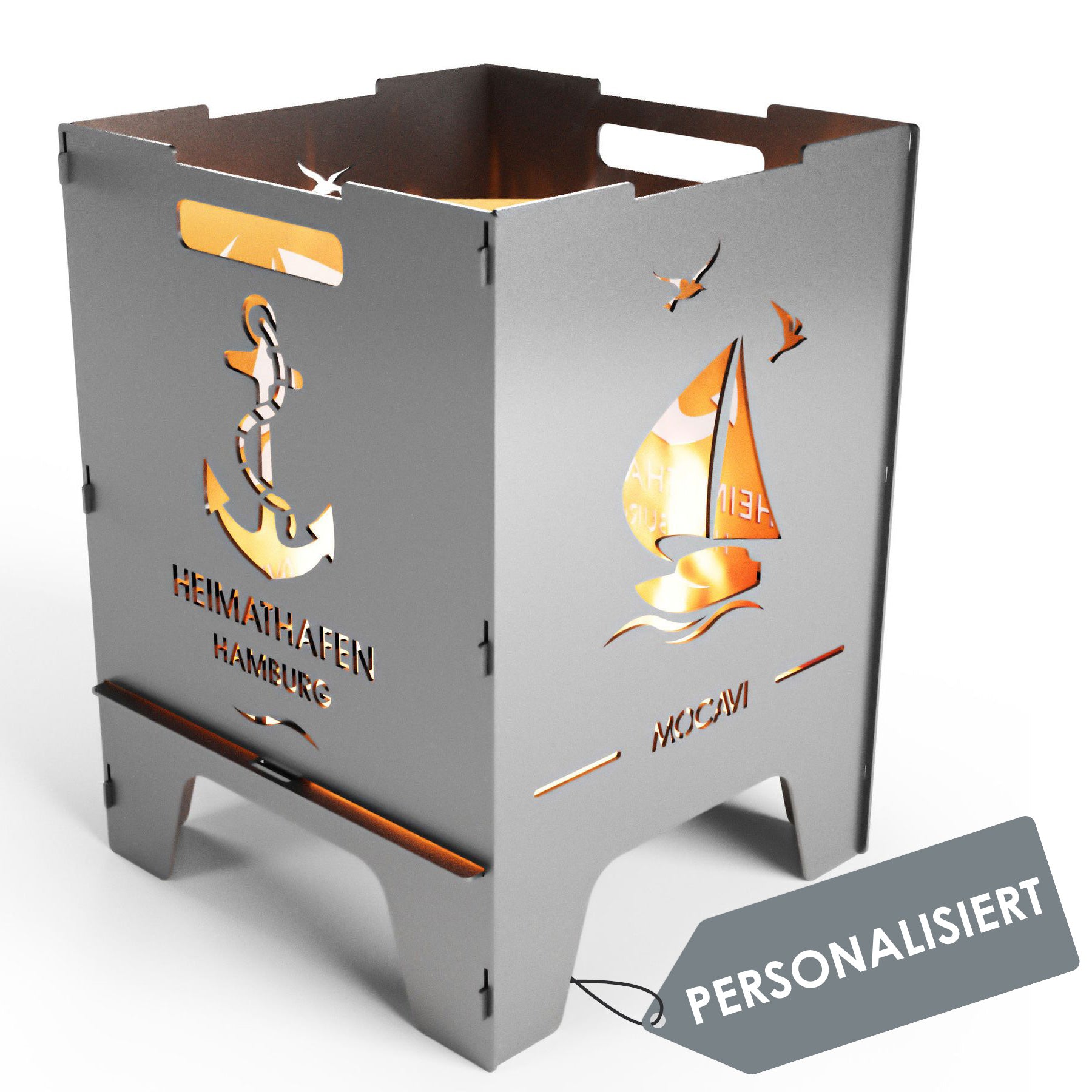 Edelstahl Feuerkorb Heimathafen 52 cm | 3 mm V2A personalisiert